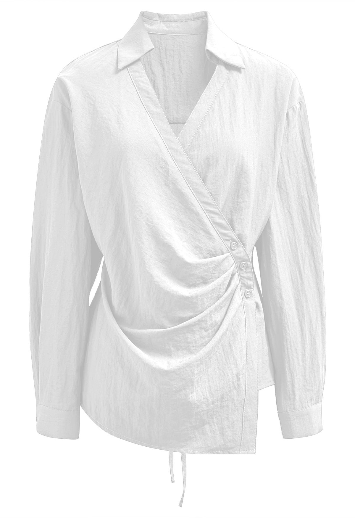 Side Pleats Collared Buttoned Wrap Shirt in White