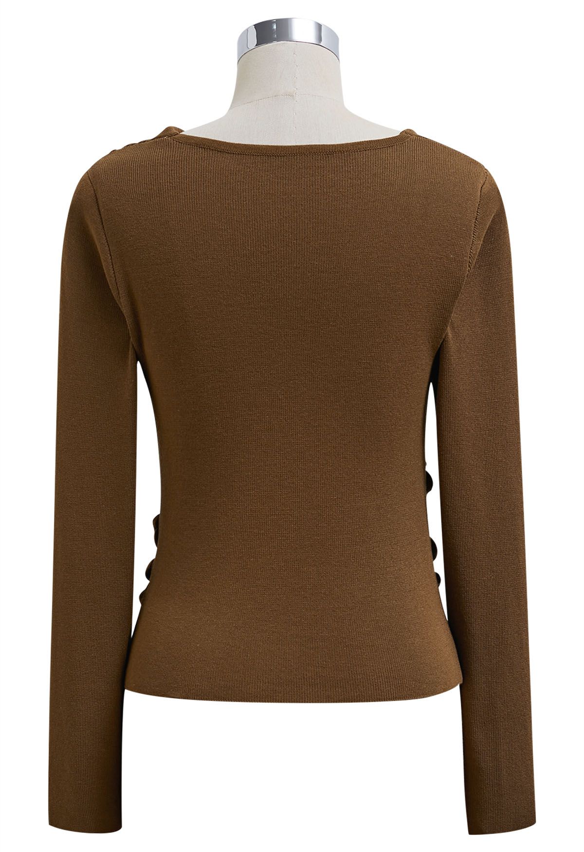 Side Knot Ruched Long-Sleeve Knit Top in Brown