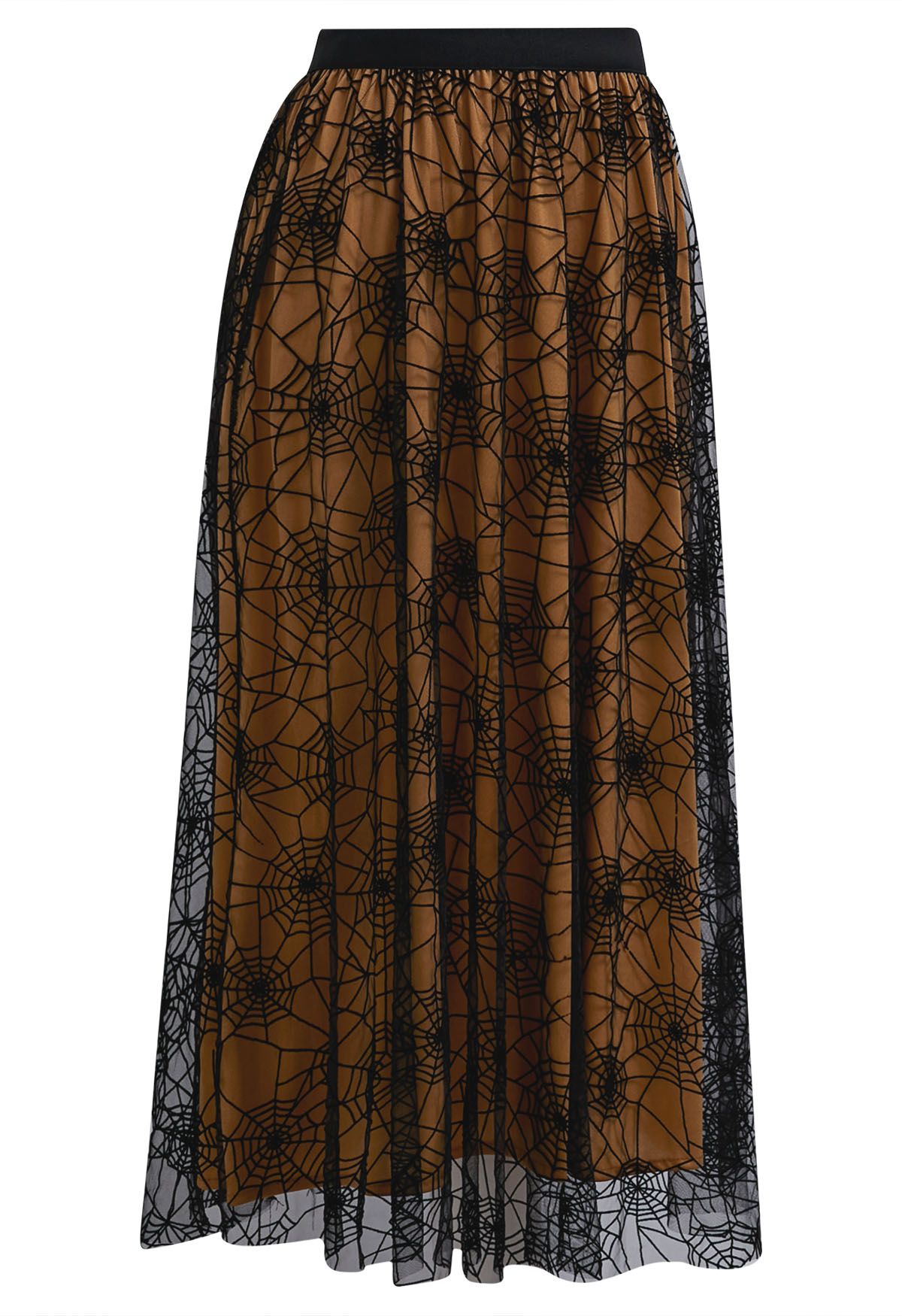 Cobweb Mystique Mesh Tulle Midi Skirt in Pumpkin