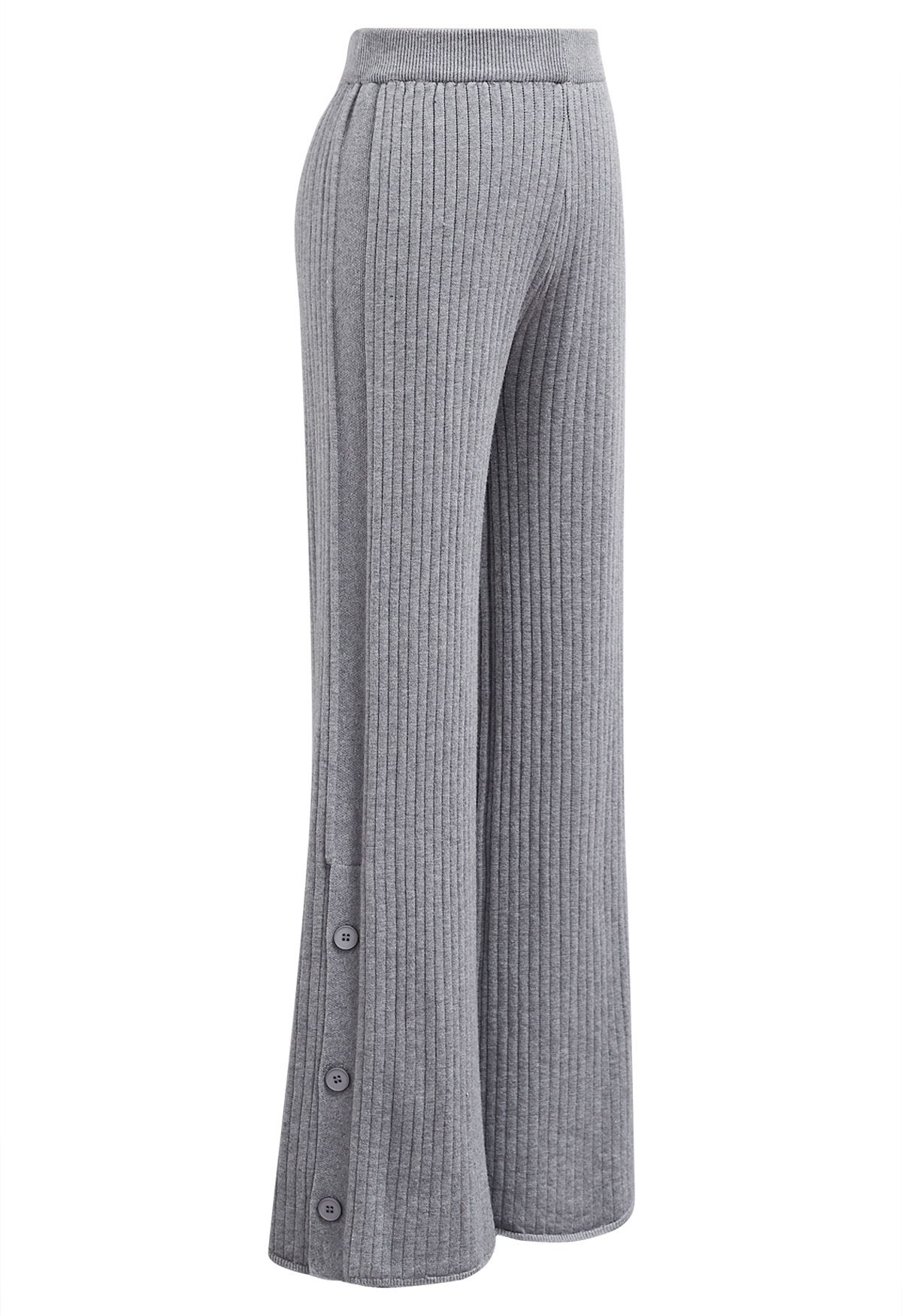 Buttoned Hem Ribbed Knit Pants in Grey