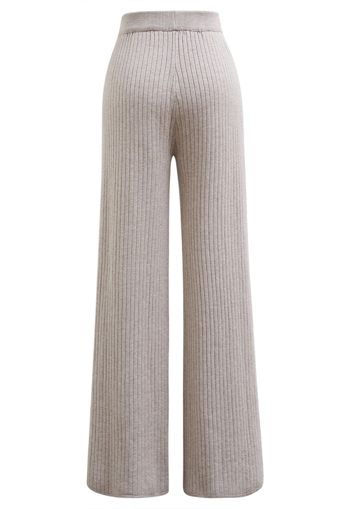 Buttoned Hem Ribbed Knit Pants in Oatmeal