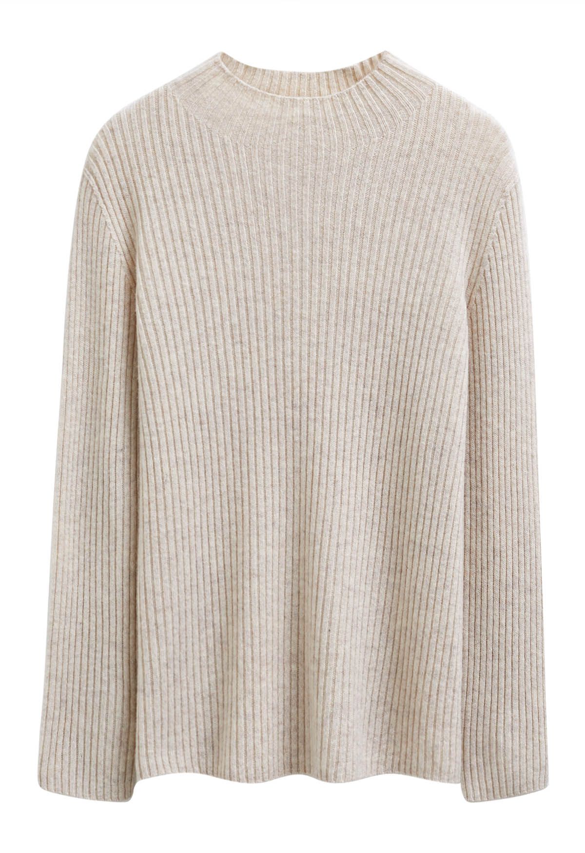 Elemental Mock Neck Long-Sleeve Wool Sweater in Linen