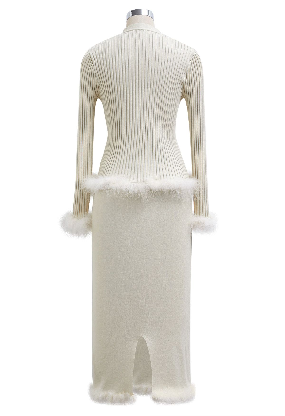 Feather Trim Button Knit Top and Midi Skirt Set in Ivory