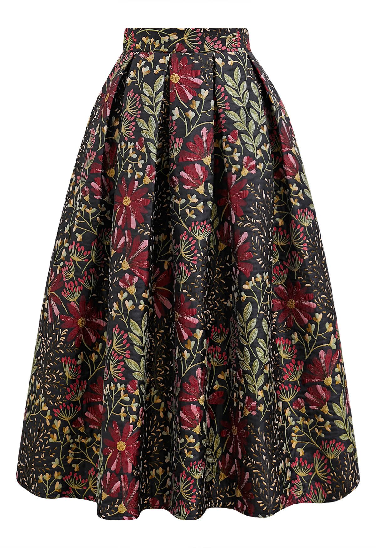 Cheerful Daisy Field Jacquard Pleated Midi Skirt in Black Black XL