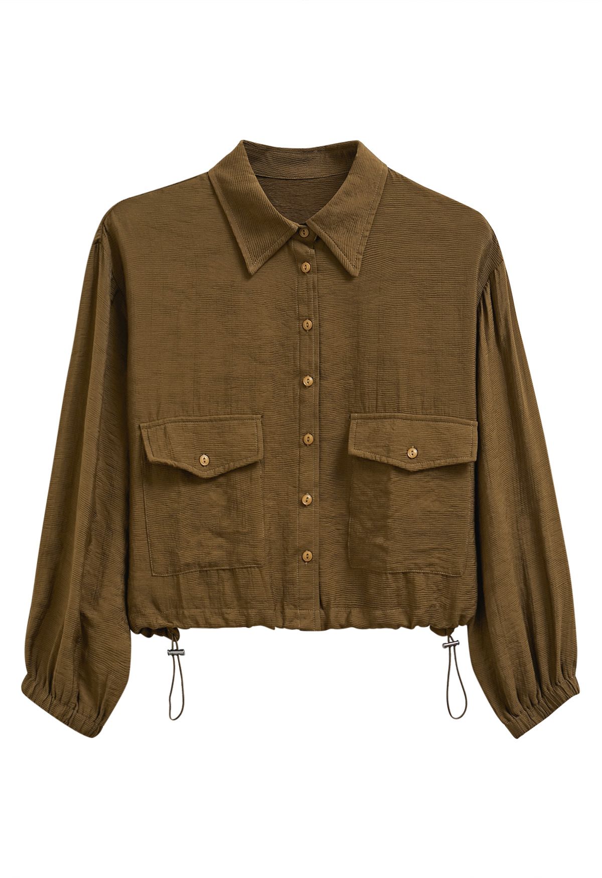 Collared Button Down Drawstring Shirt in Brown