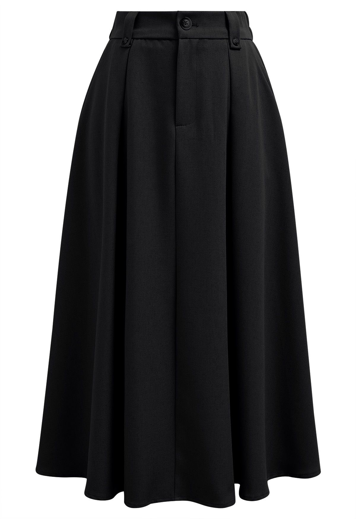 Dignified Buttons Trim A-Line Midi Skirt in Black