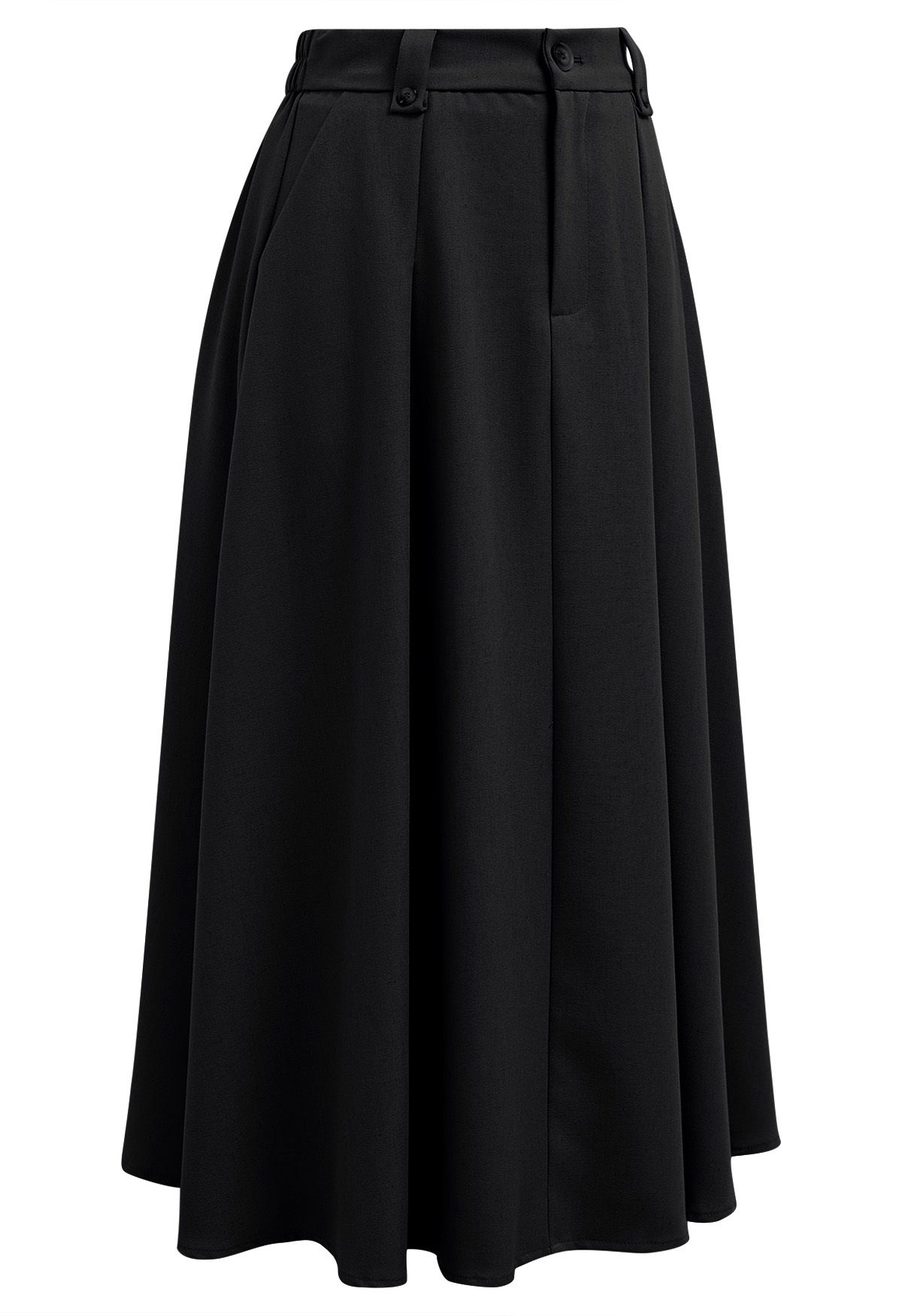 Dignified Buttons Trim A-Line Midi Skirt in Black