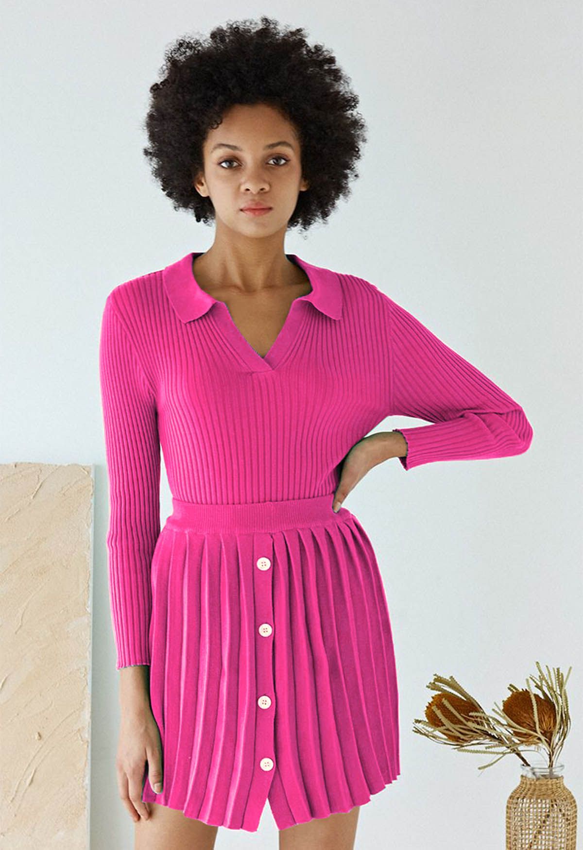 Collared V-Neck Knit Top and Pleated Skirt Set in Hot Pink