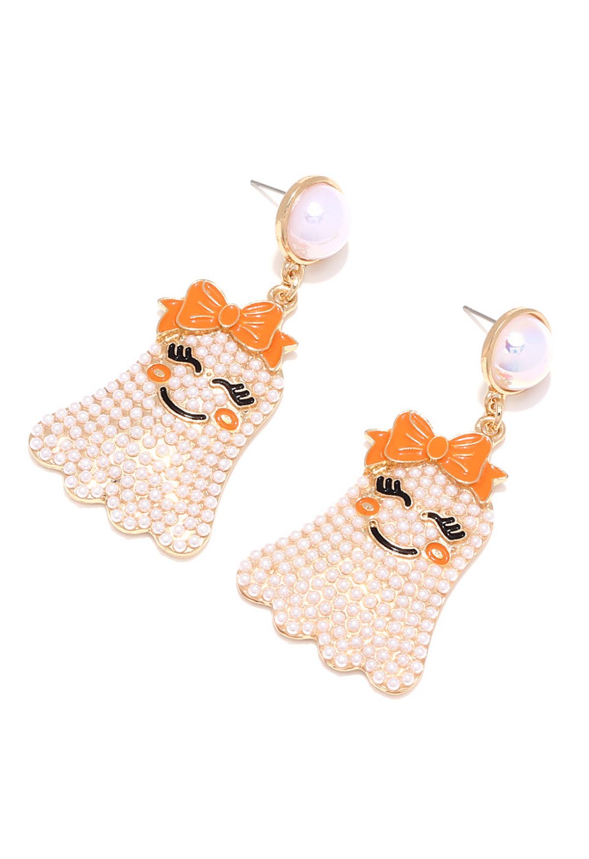 Smiling Ghost Pearl Bow Earrings