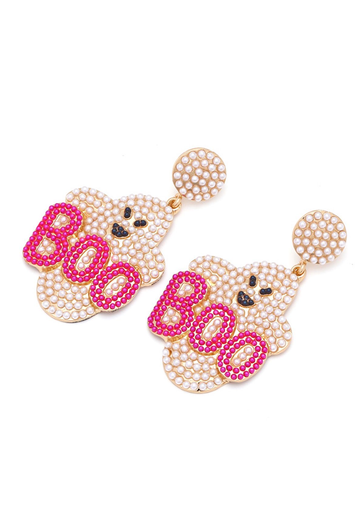 BOO Evil Ghost Pearl Earrings in Hot Pink