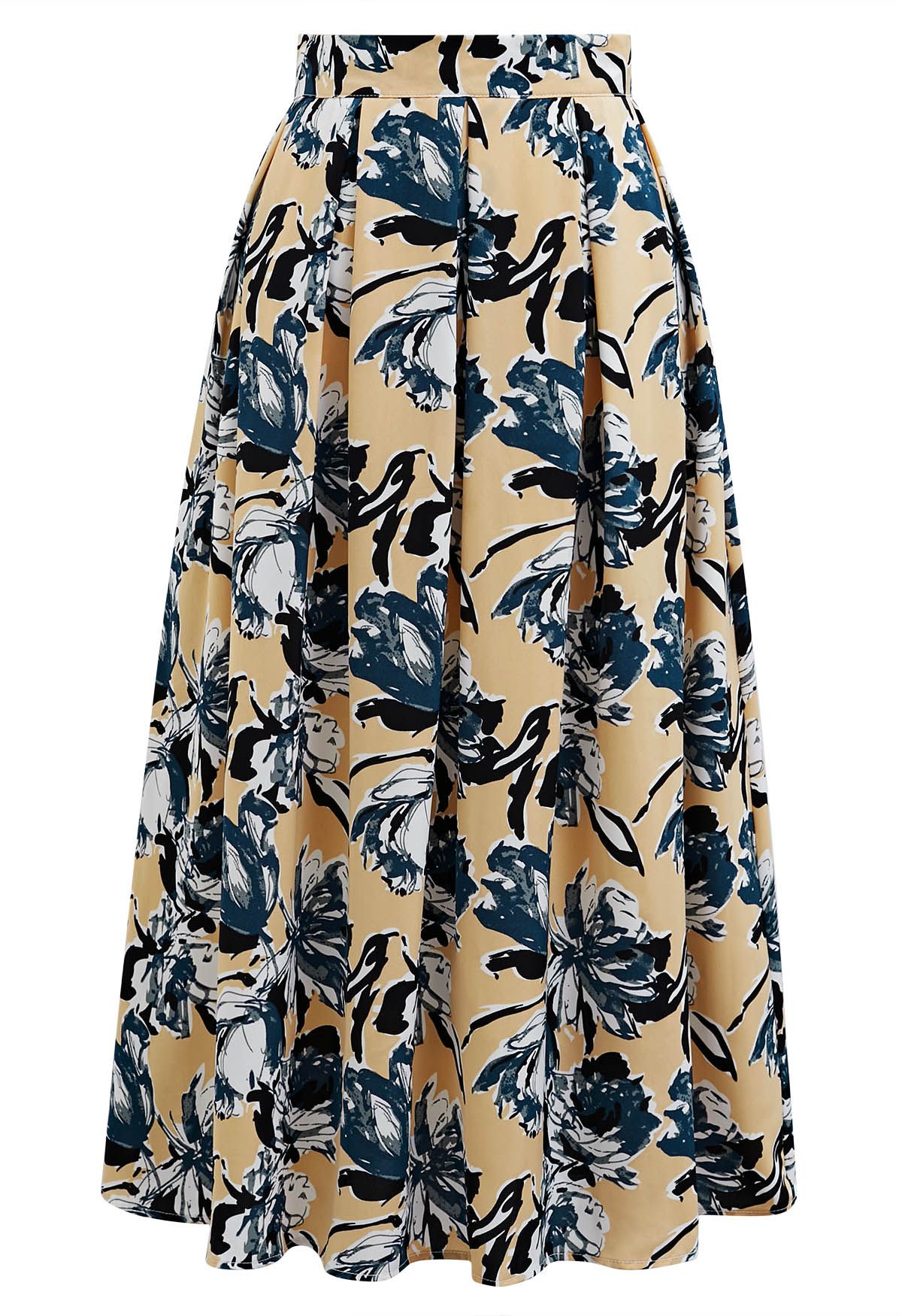 Artistic Floral Print Pleated Midi Skirt