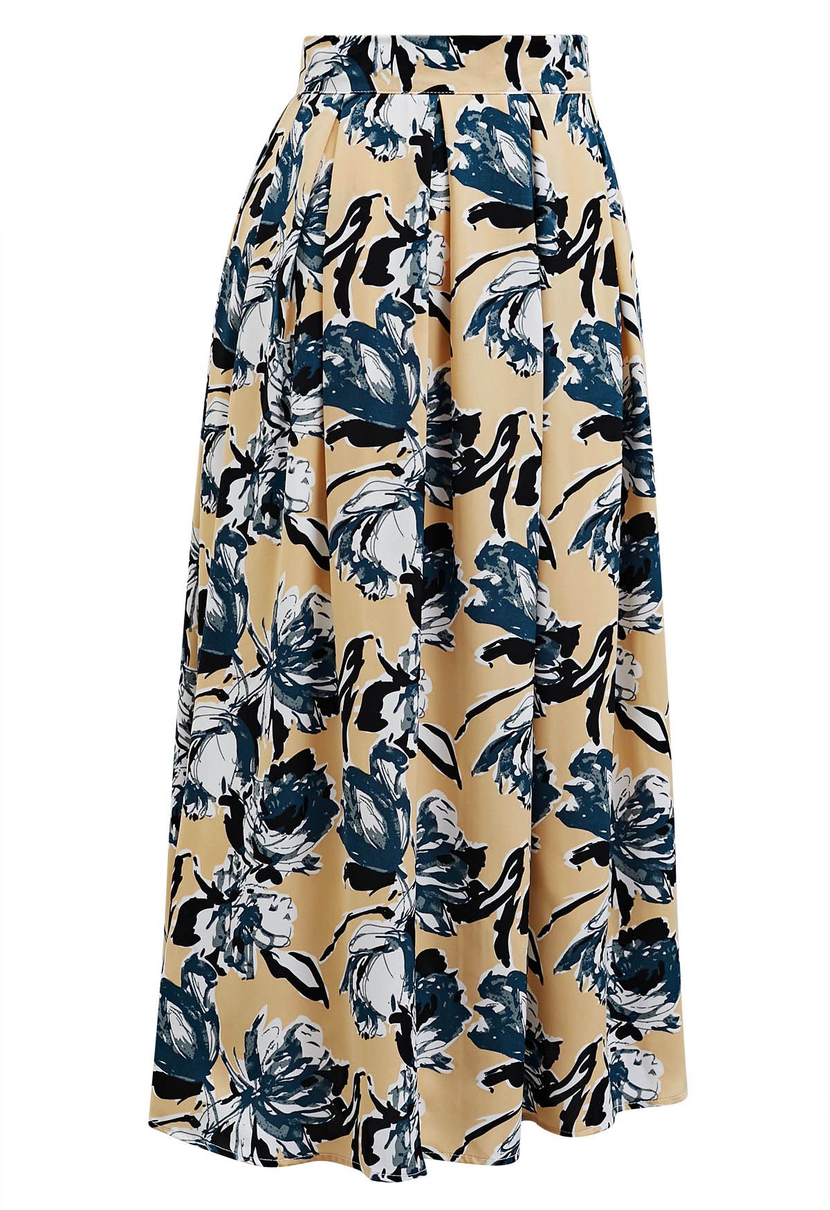 Artistic Floral Print Pleated Midi Skirt