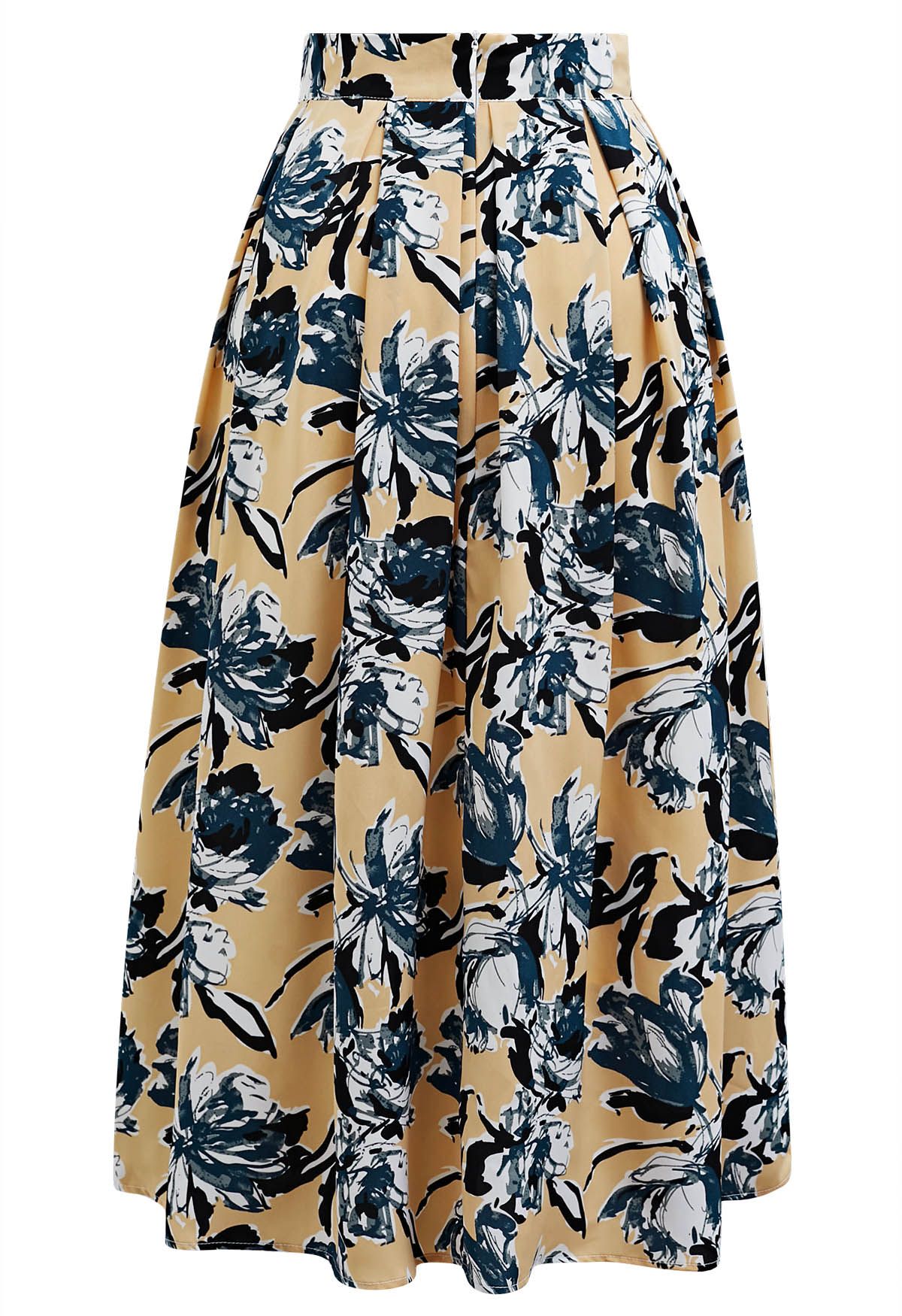 Artistic Floral Print Pleated Midi Skirt