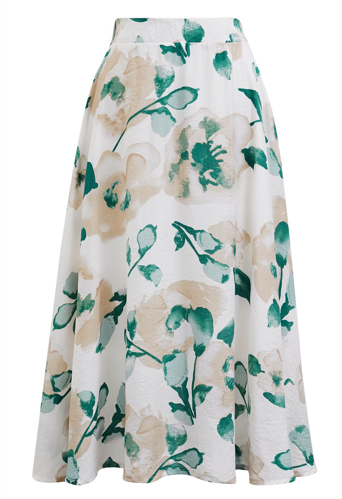 Inky Floral Flare Midi Skirt in Green