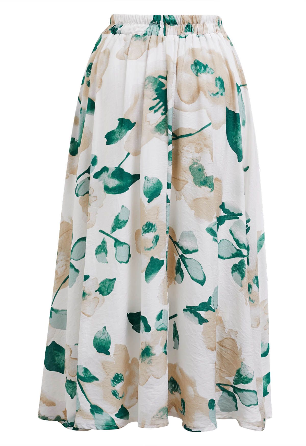 Inky Floral Flare Midi Skirt in Green