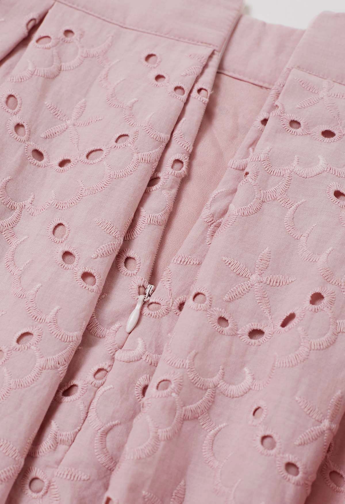 Blossoming Wave Eyelet Embroidered Skirt in Pink