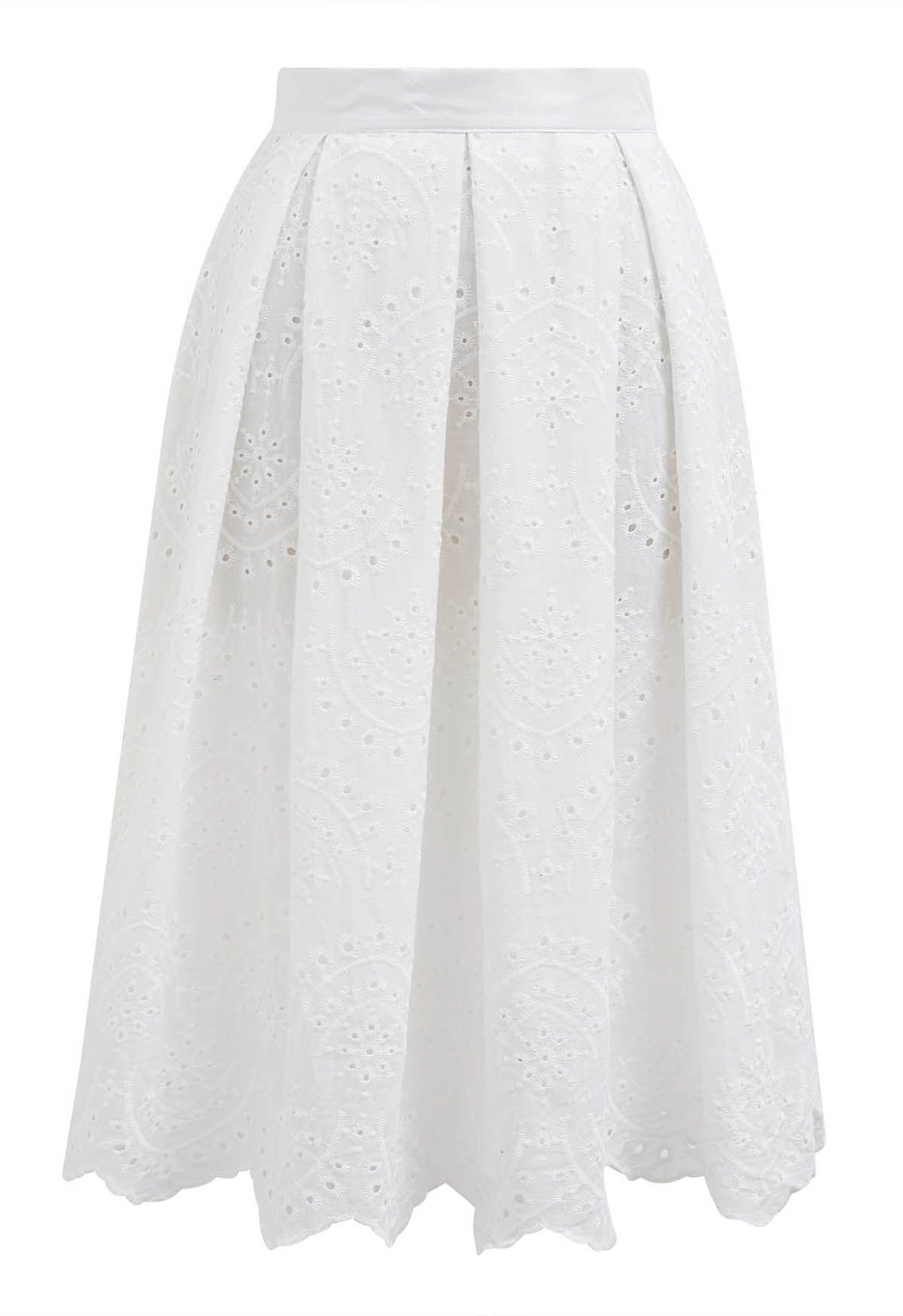 Blossoming Wave Eyelet Embroidered Skirt in White