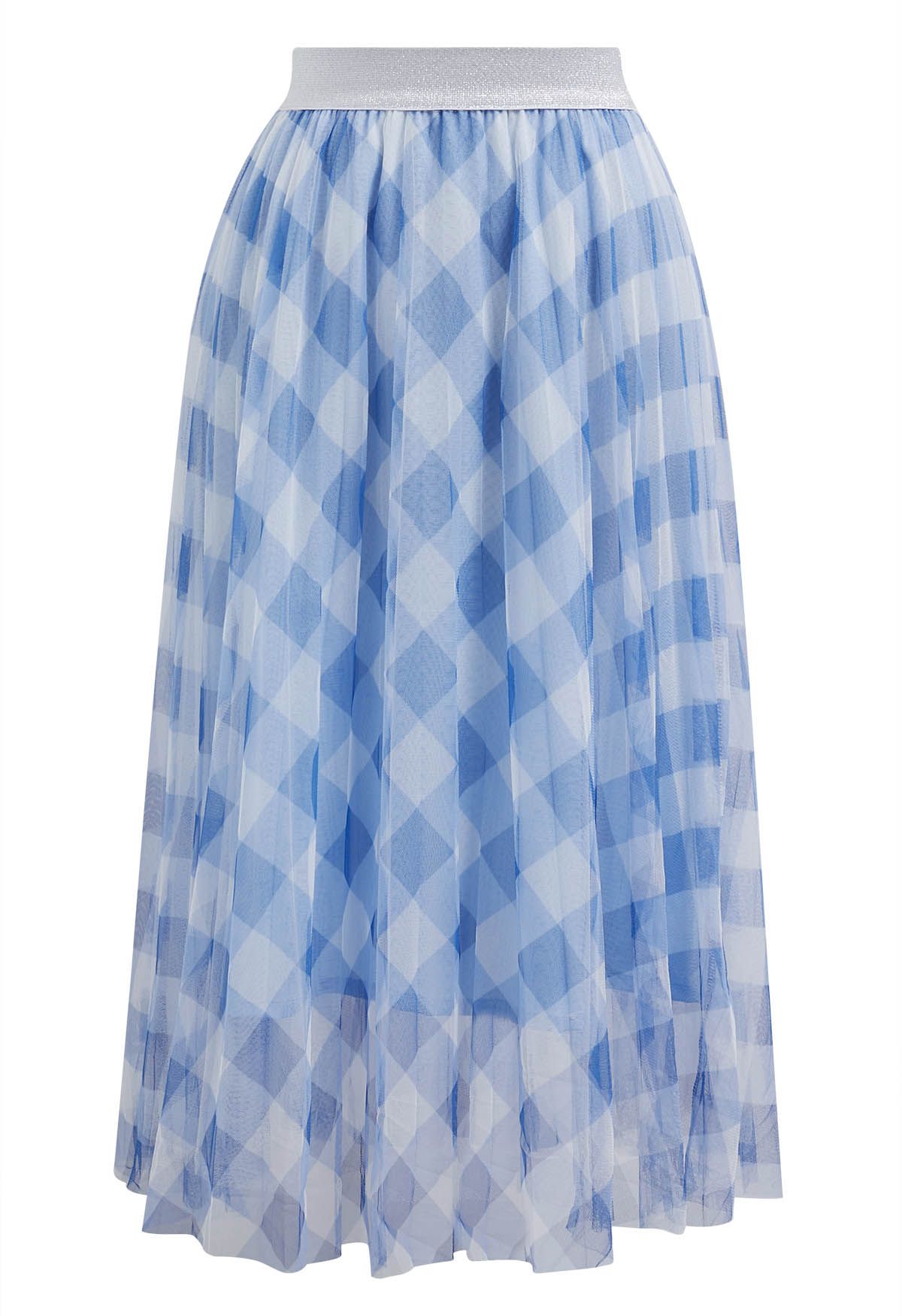 Gingham Print Mesh Tulle Midi Skirt in Blue