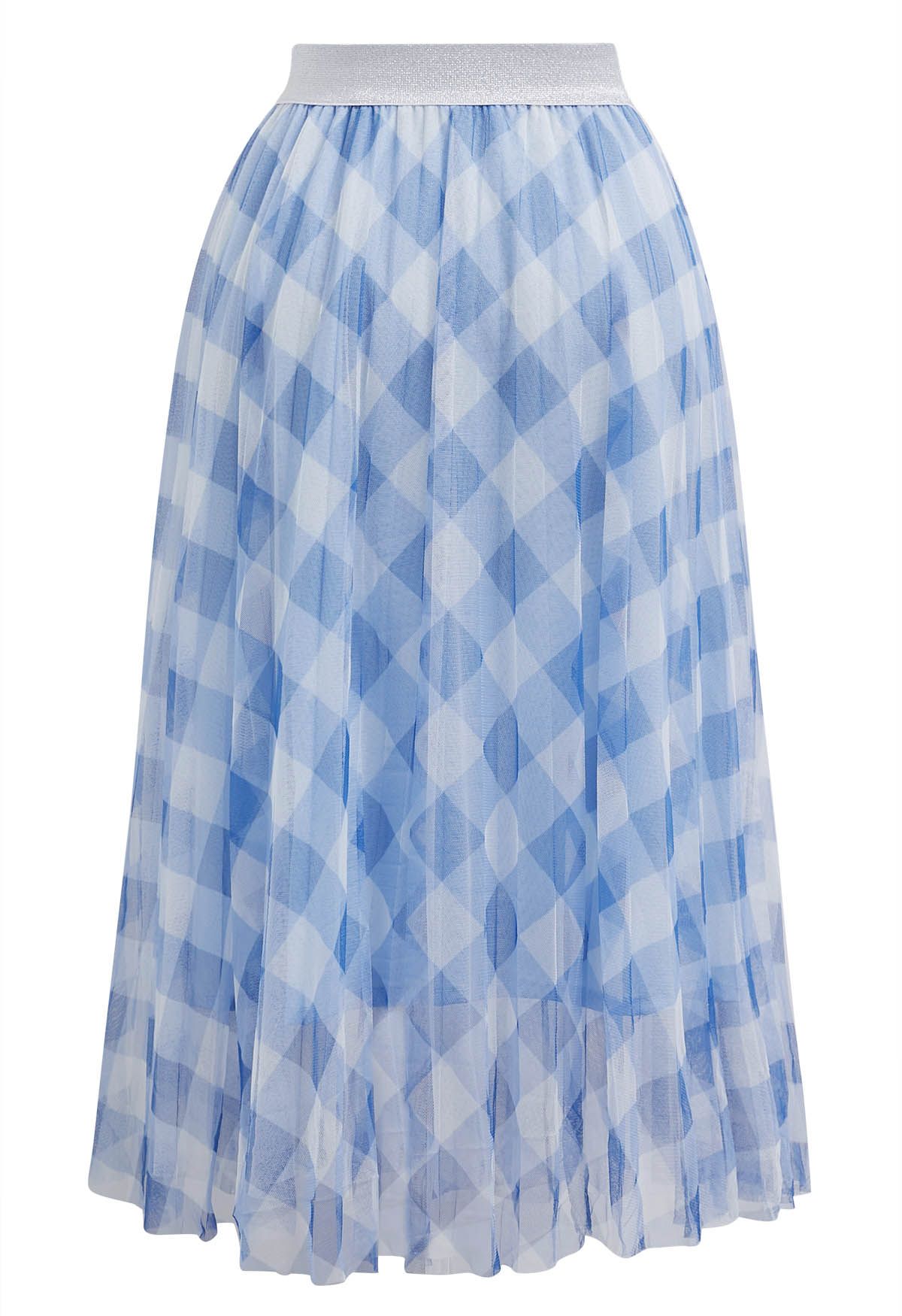 Gingham Print Mesh Tulle Midi Skirt in Blue Retro Indie and Unique Fashion