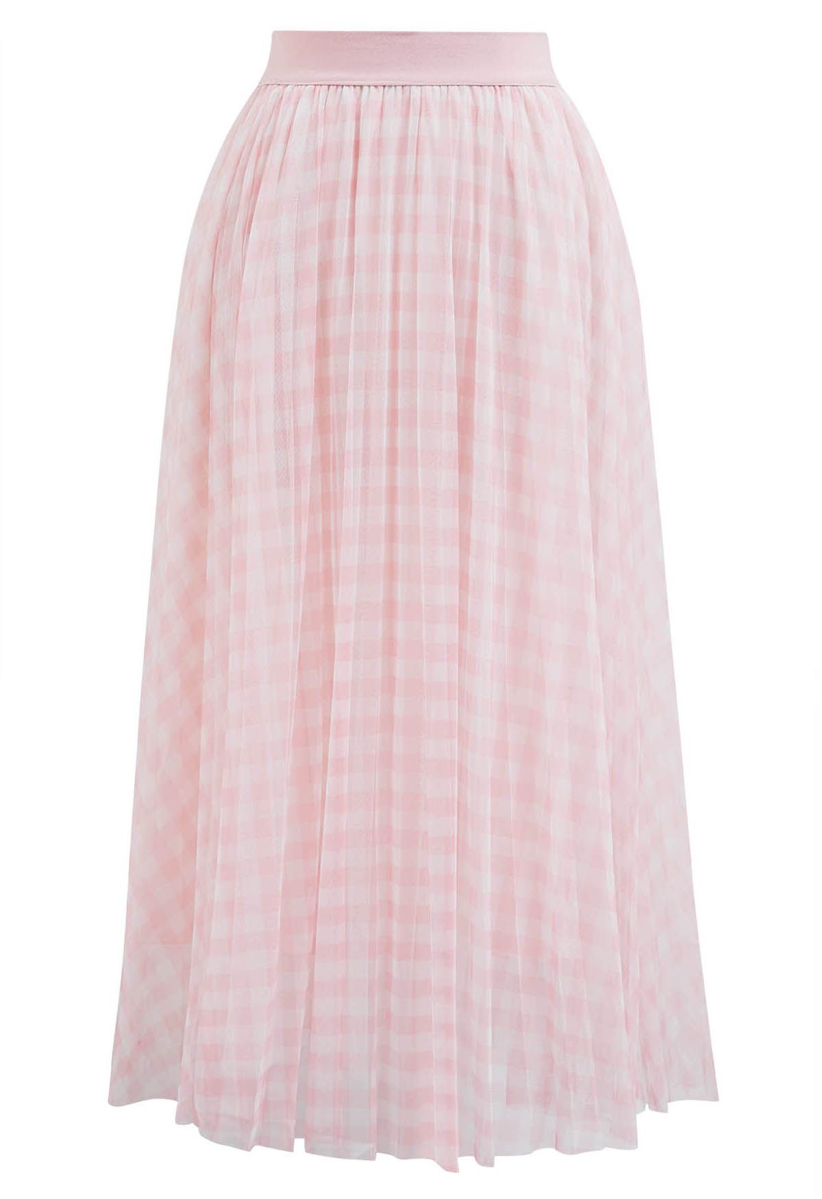 Gingham Print Mesh Tulle Midi Skirt in Pink