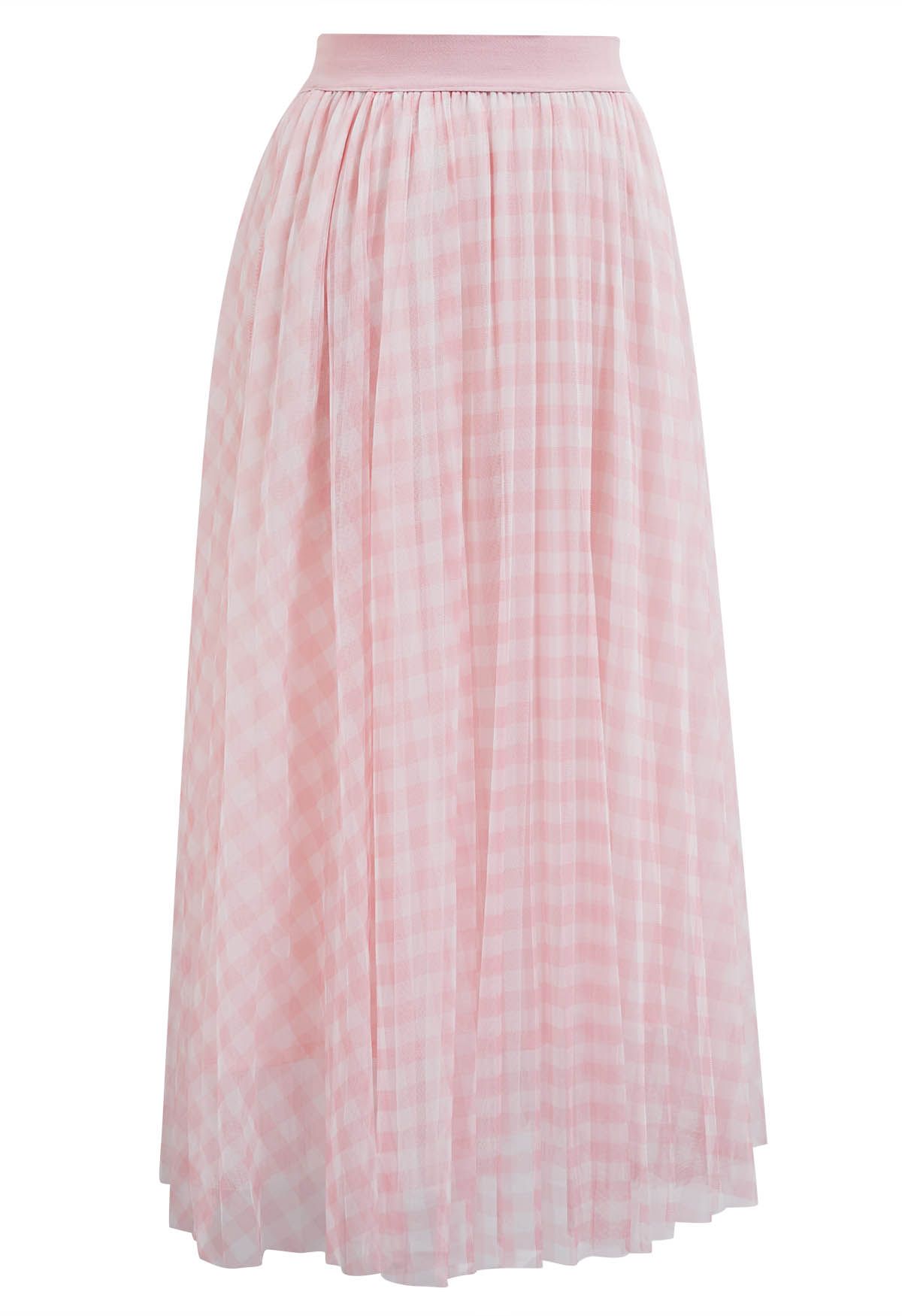 Gingham Print Mesh Tulle Midi Skirt in Pink