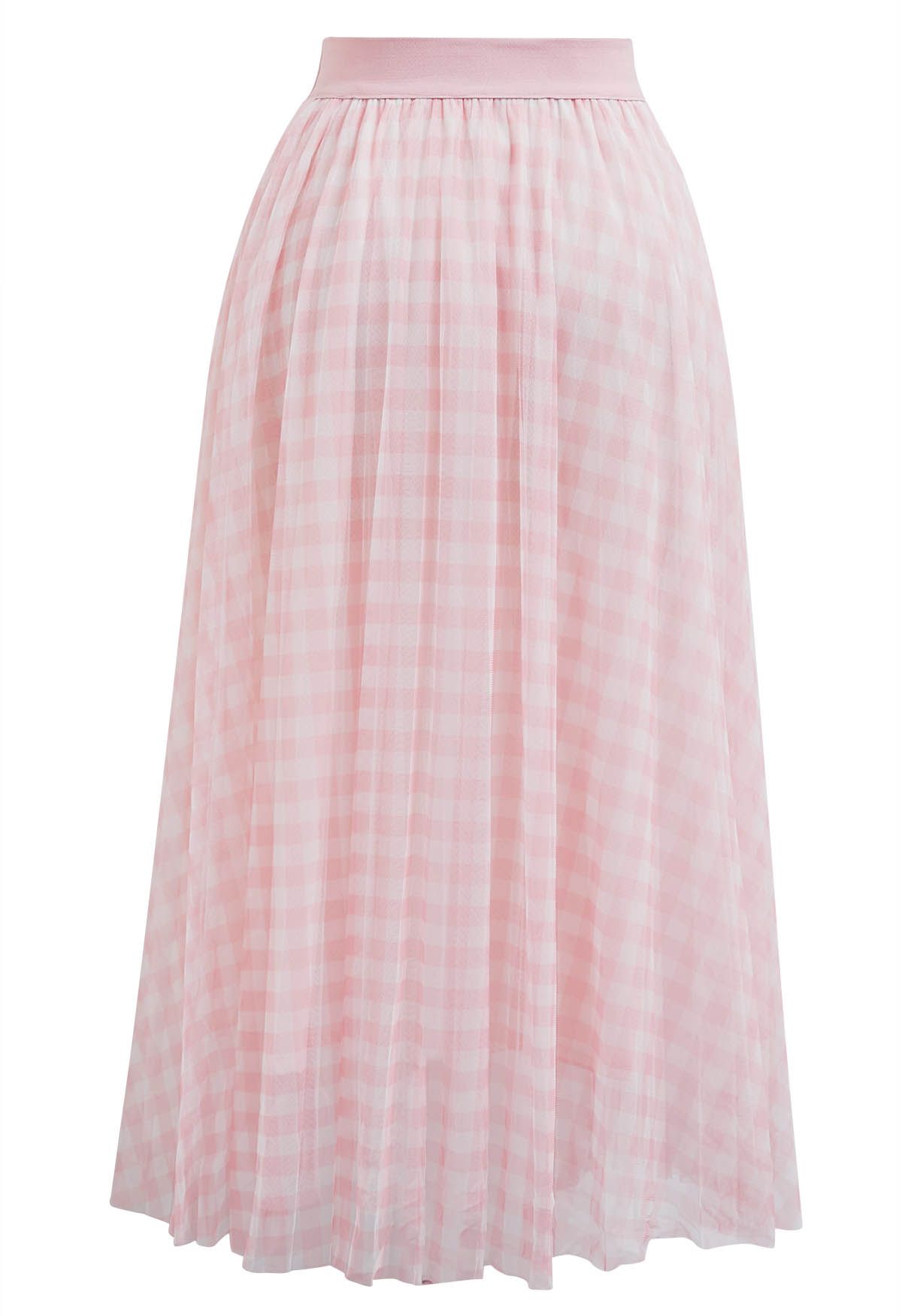 Gingham Print Mesh Tulle Midi Skirt in Pink