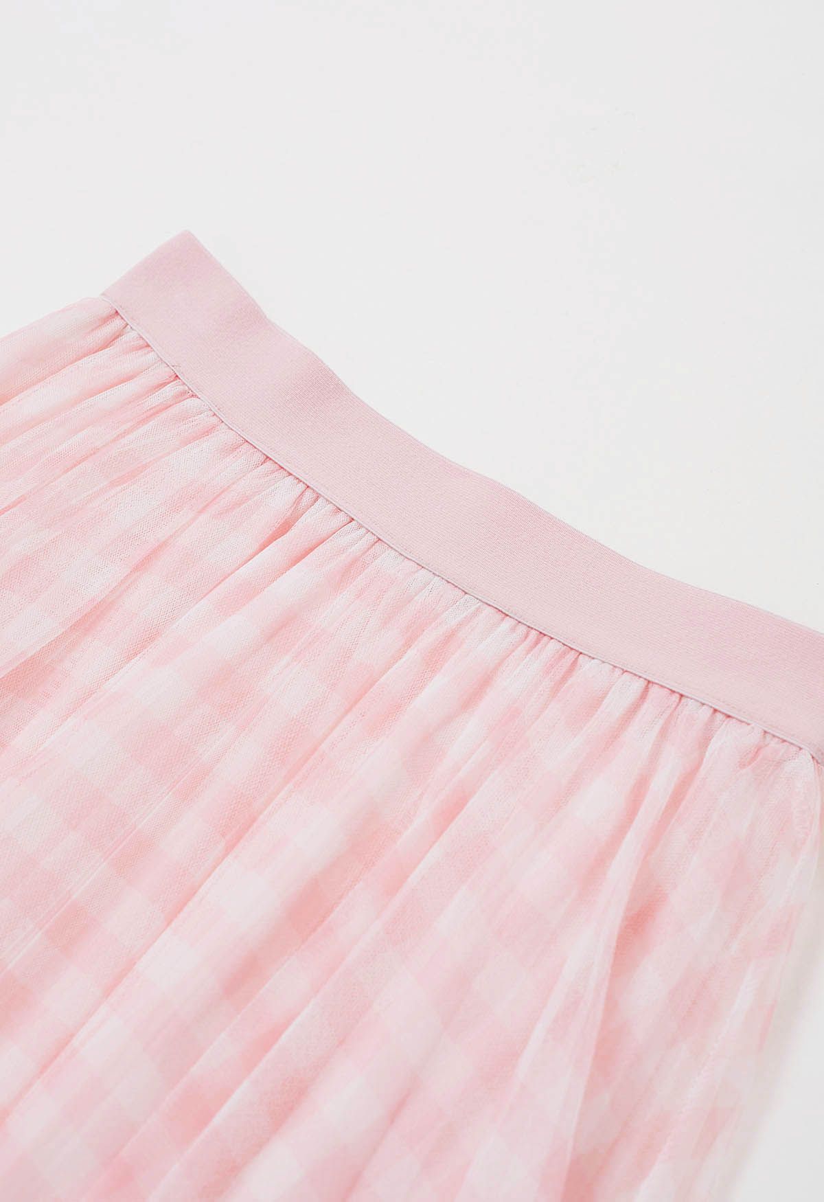 Gingham Print Mesh Tulle Midi Skirt in Pink