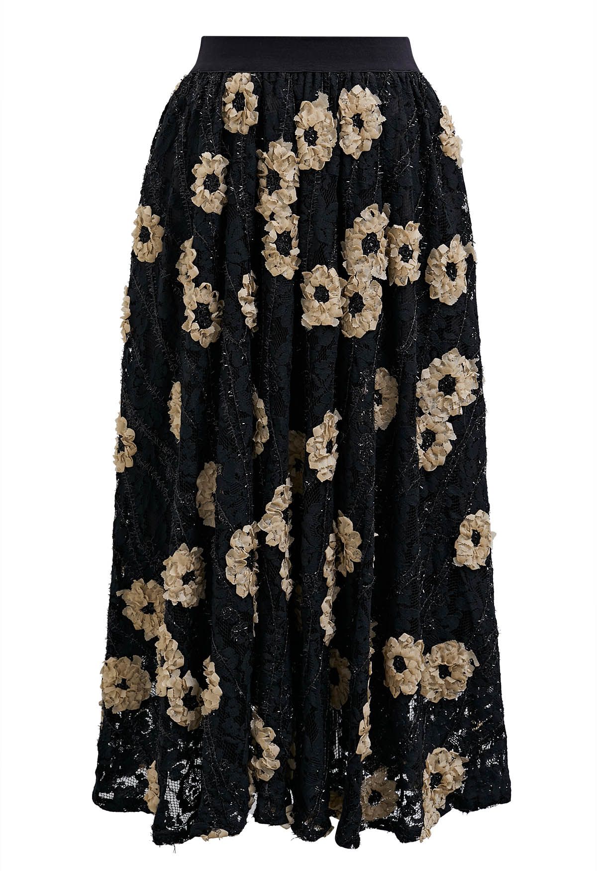 Contrast 3D Floral Shimmer Fringe Midi Skirt