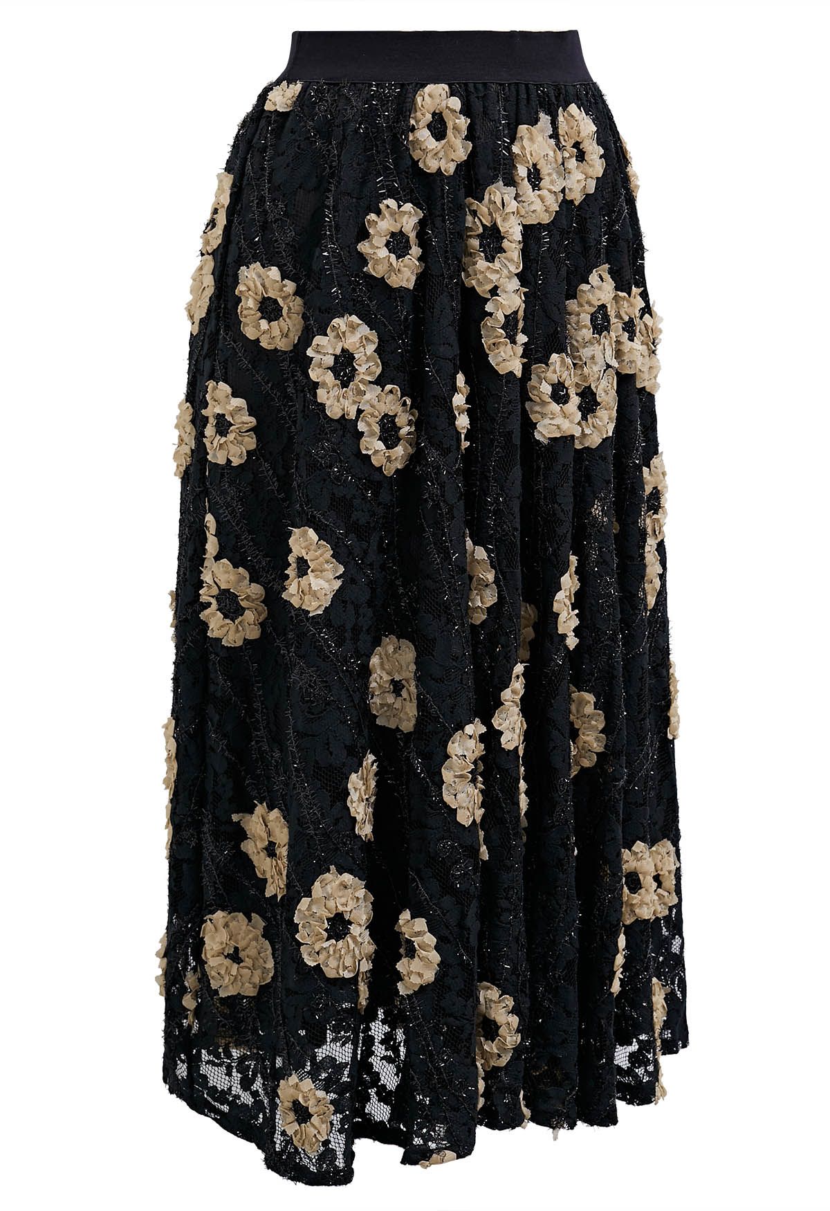 Contrast 3D Floral Shimmer Fringe Midi Skirt