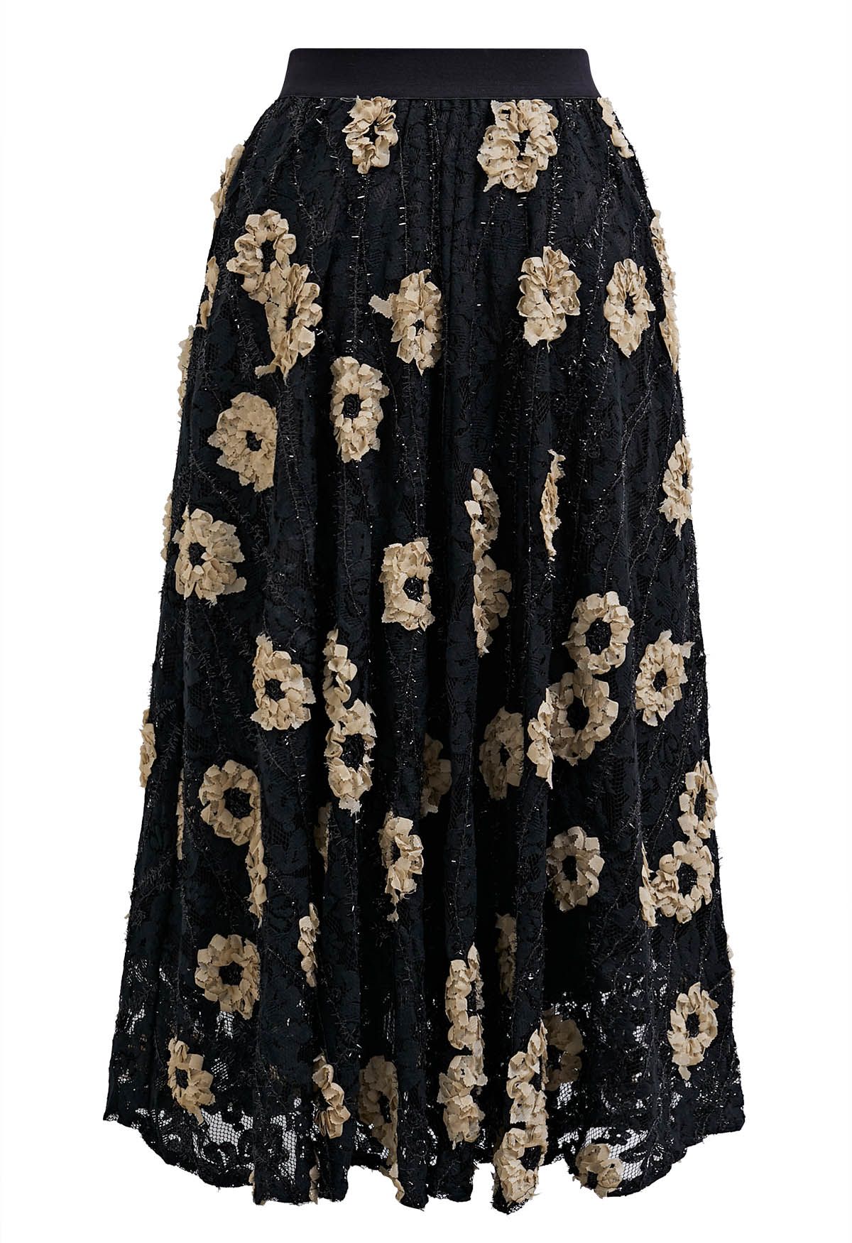 Contrast 3D Floral Shimmer Fringe Midi Skirt