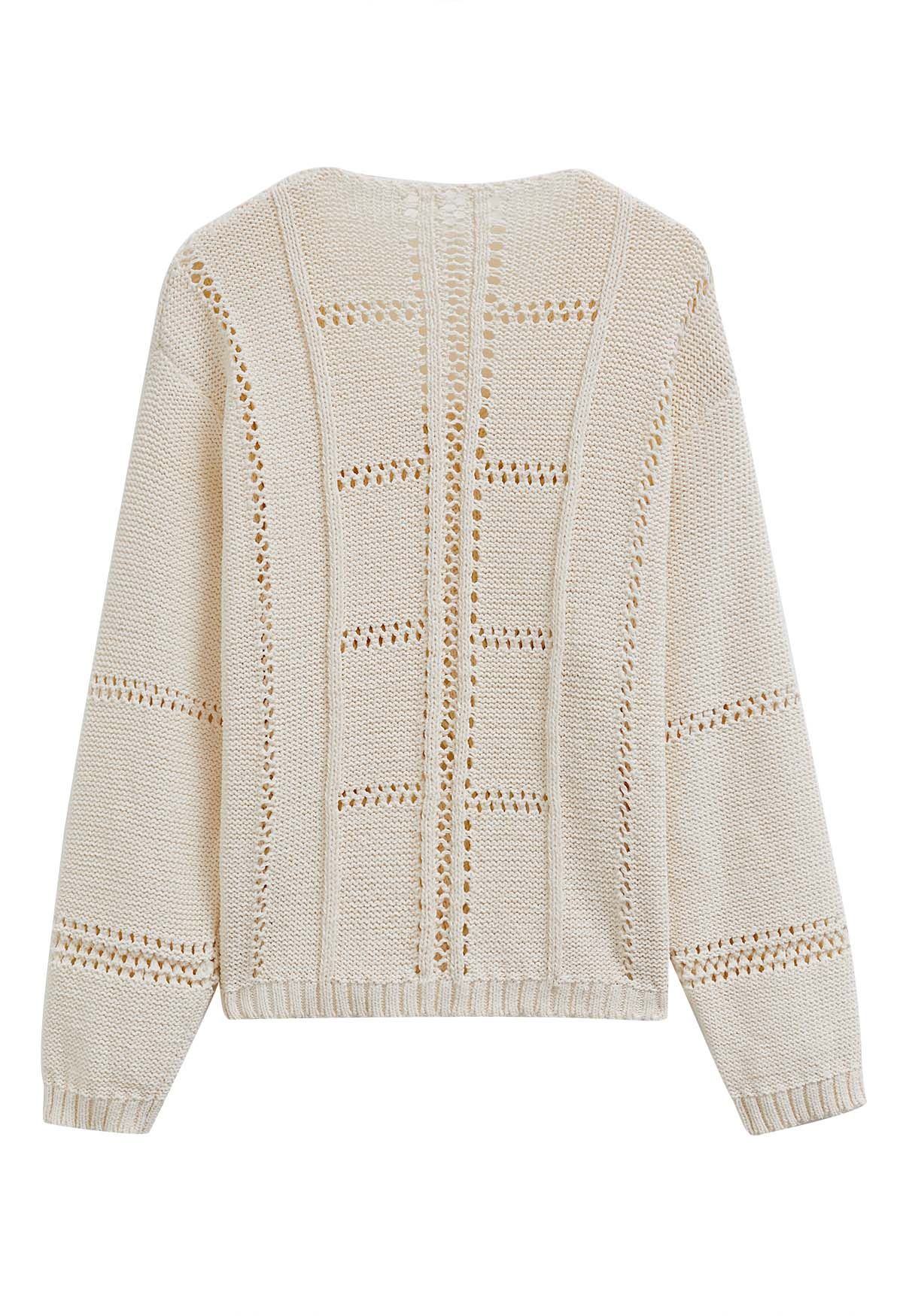 Hollow Out Tie-Neck Knit Top in Cream