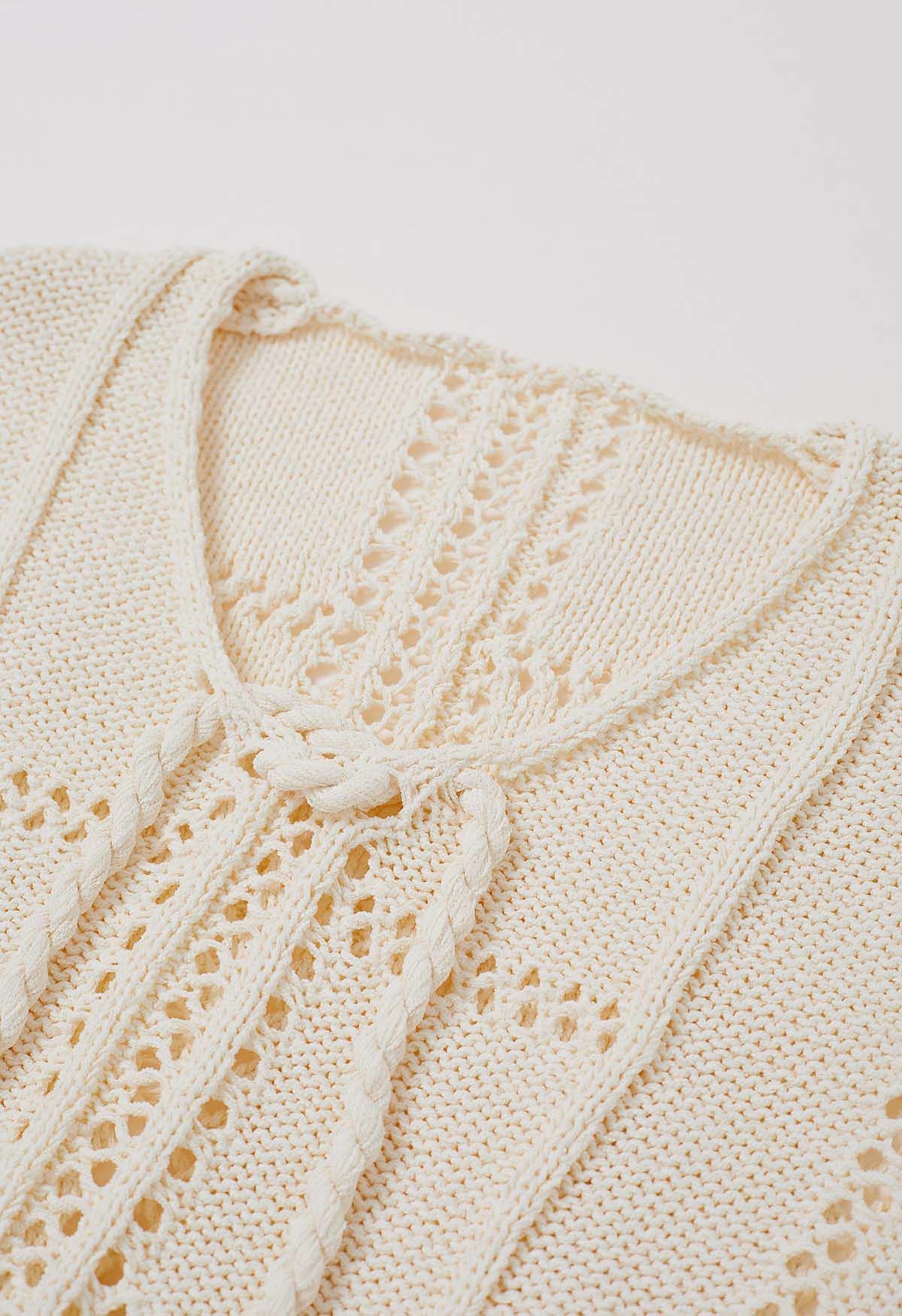 Hollow Out Tie-Neck Knit Top in Cream