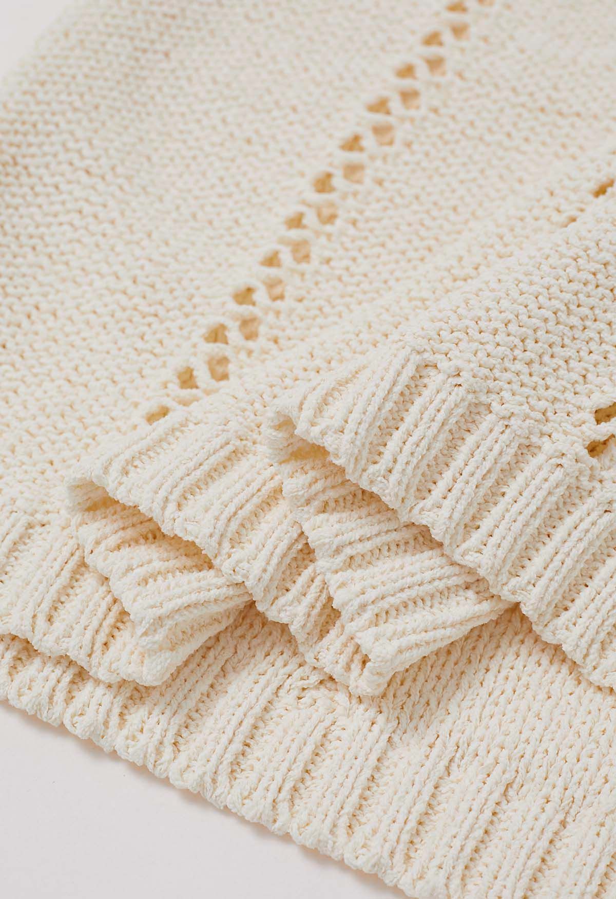 Hollow Out Tie-Neck Knit Top in Cream