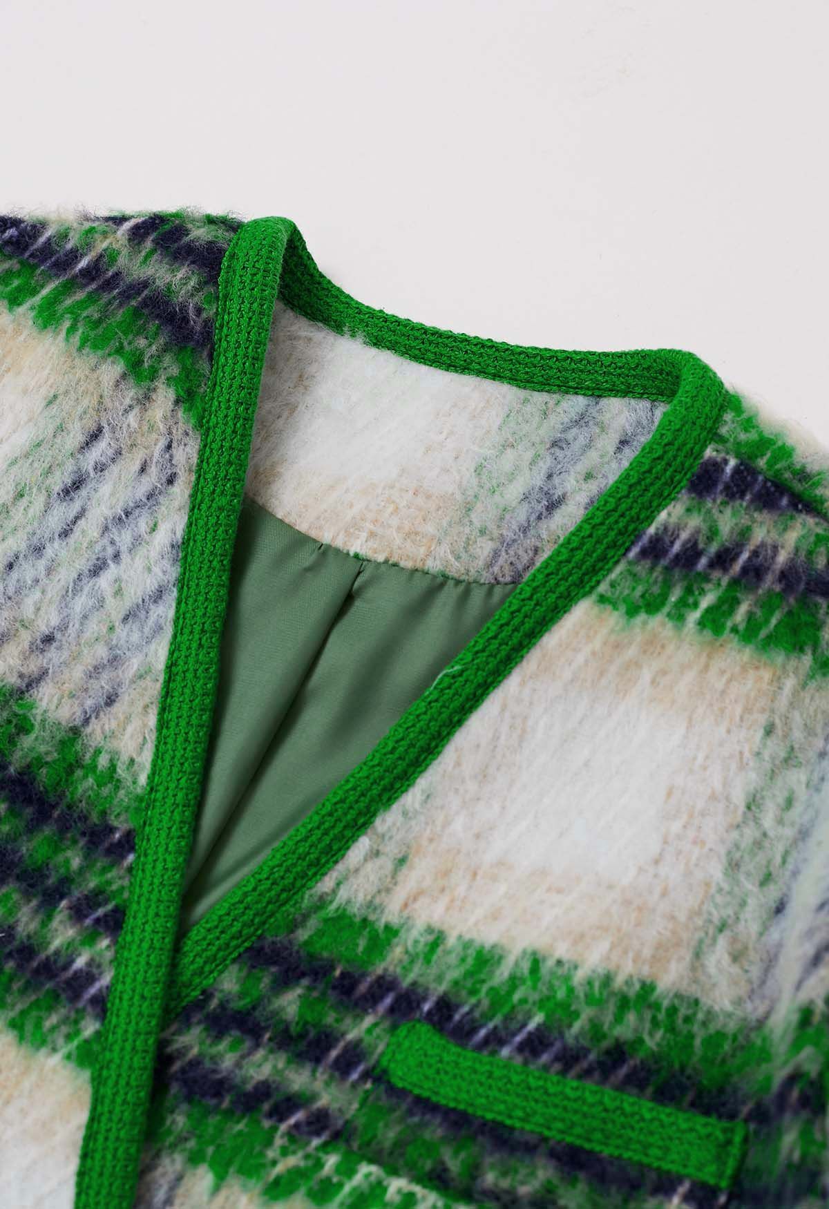 Retro Contrast Double-Breasted Fuzzy Coat in Green