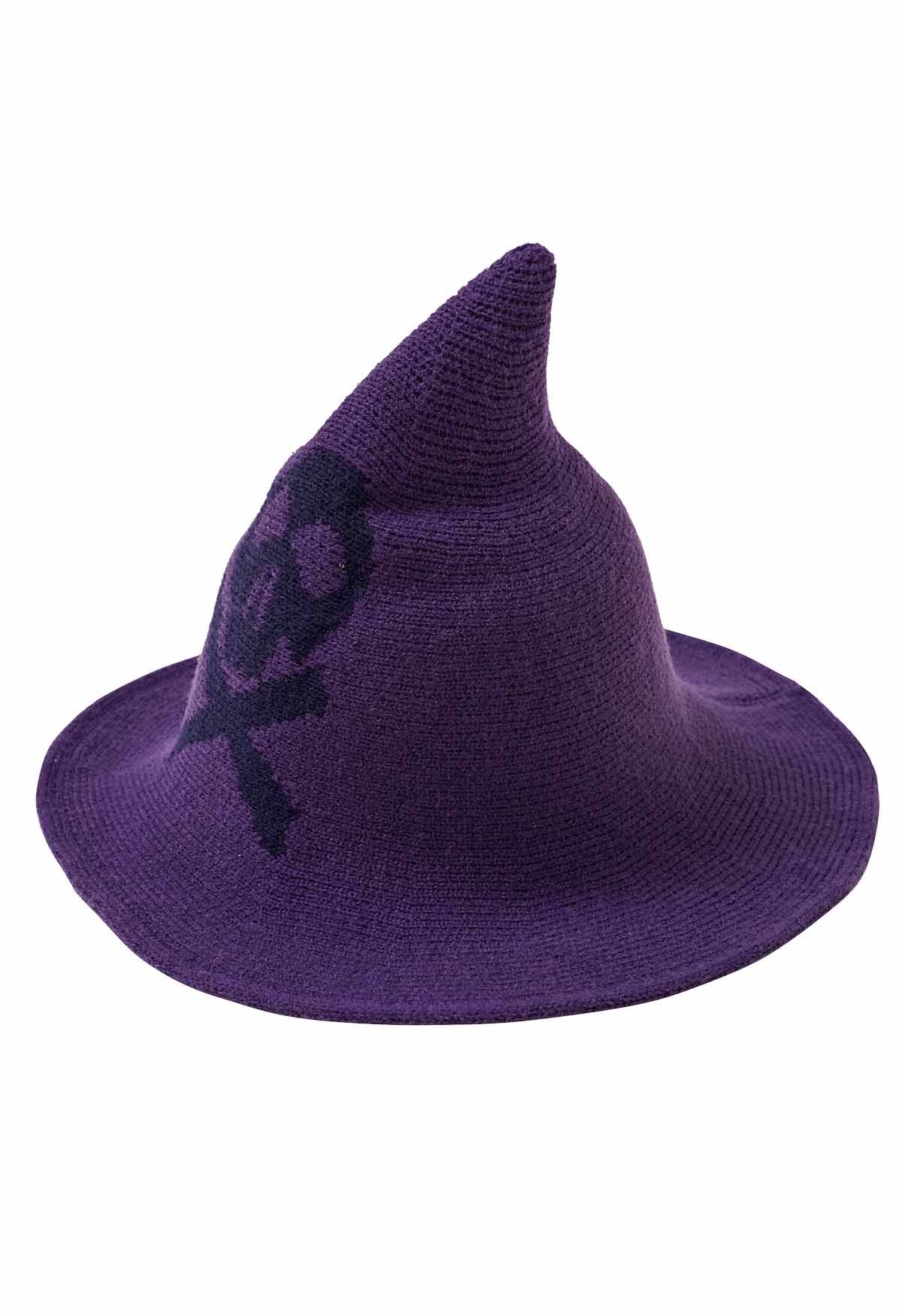 Skull Pattern Wool-Blend Witch Hat in Purple