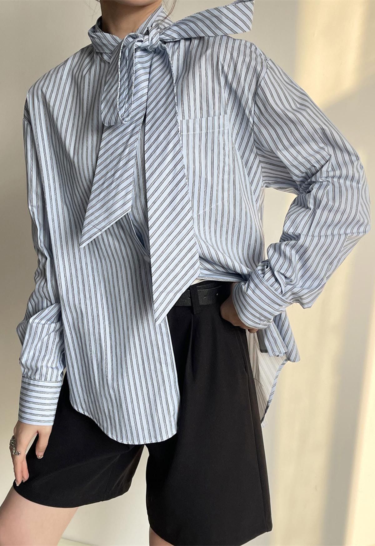 Timeless Striped Bowknot Collar Cotton Shirt