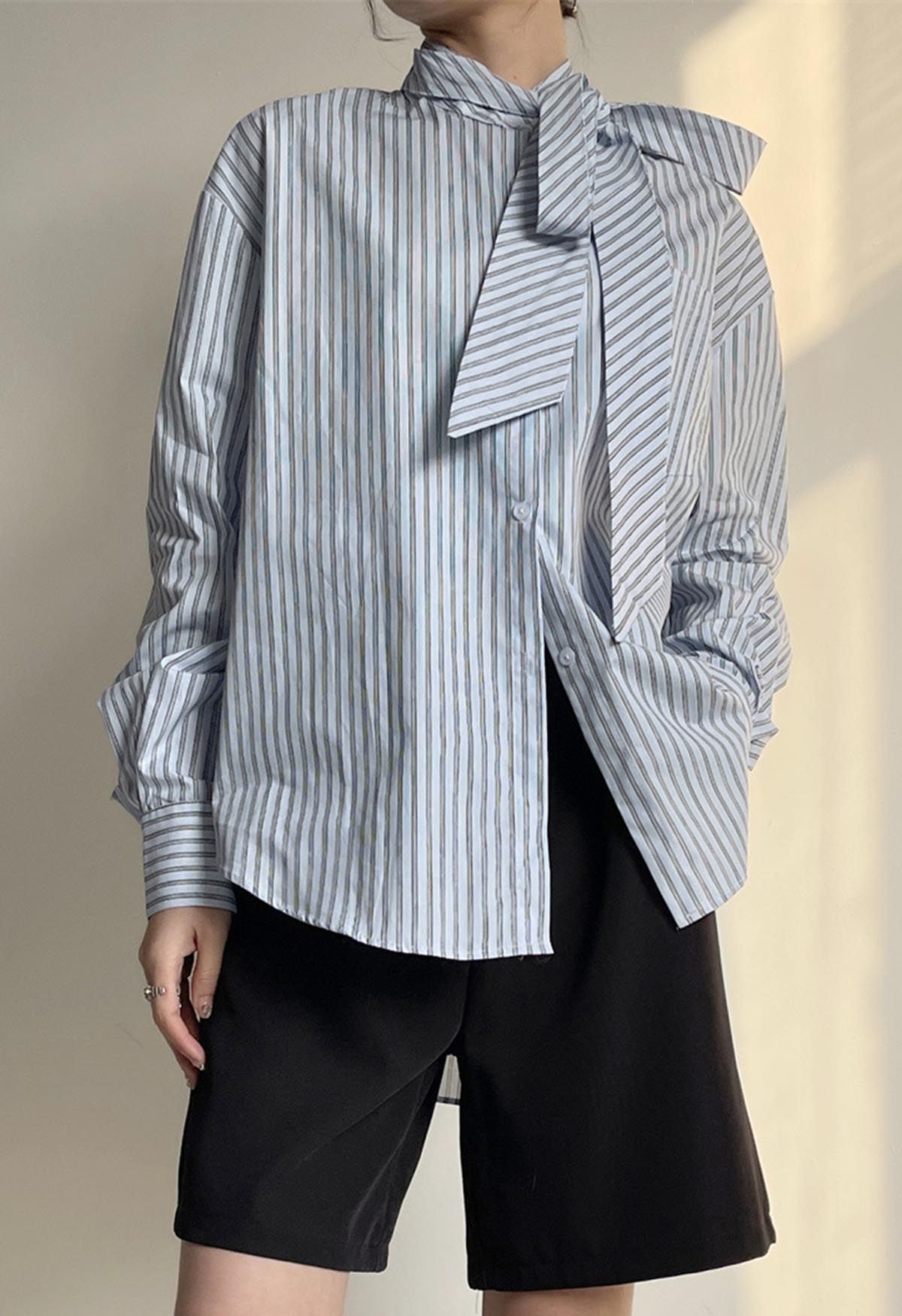 Timeless Striped Bowknot Collar Cotton Shirt