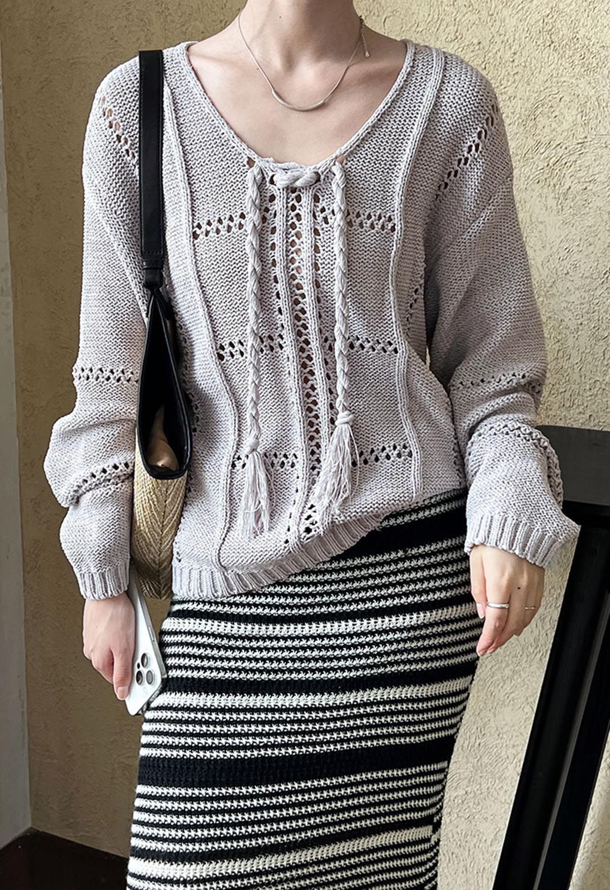 Hollow Out Tie-Neck Knit Top in Grey