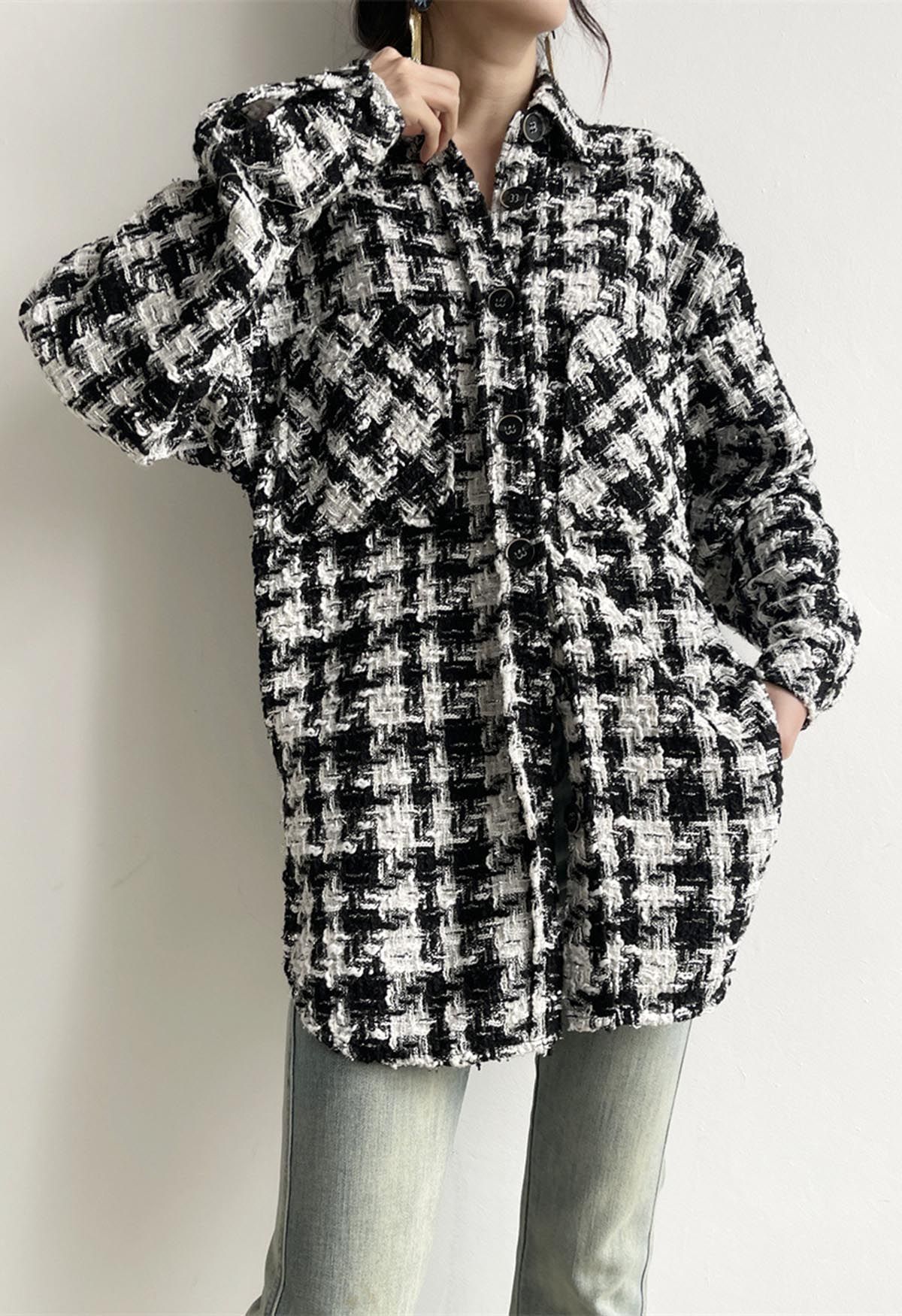 Contrast Houndstooth Tweed Shirt Jacket