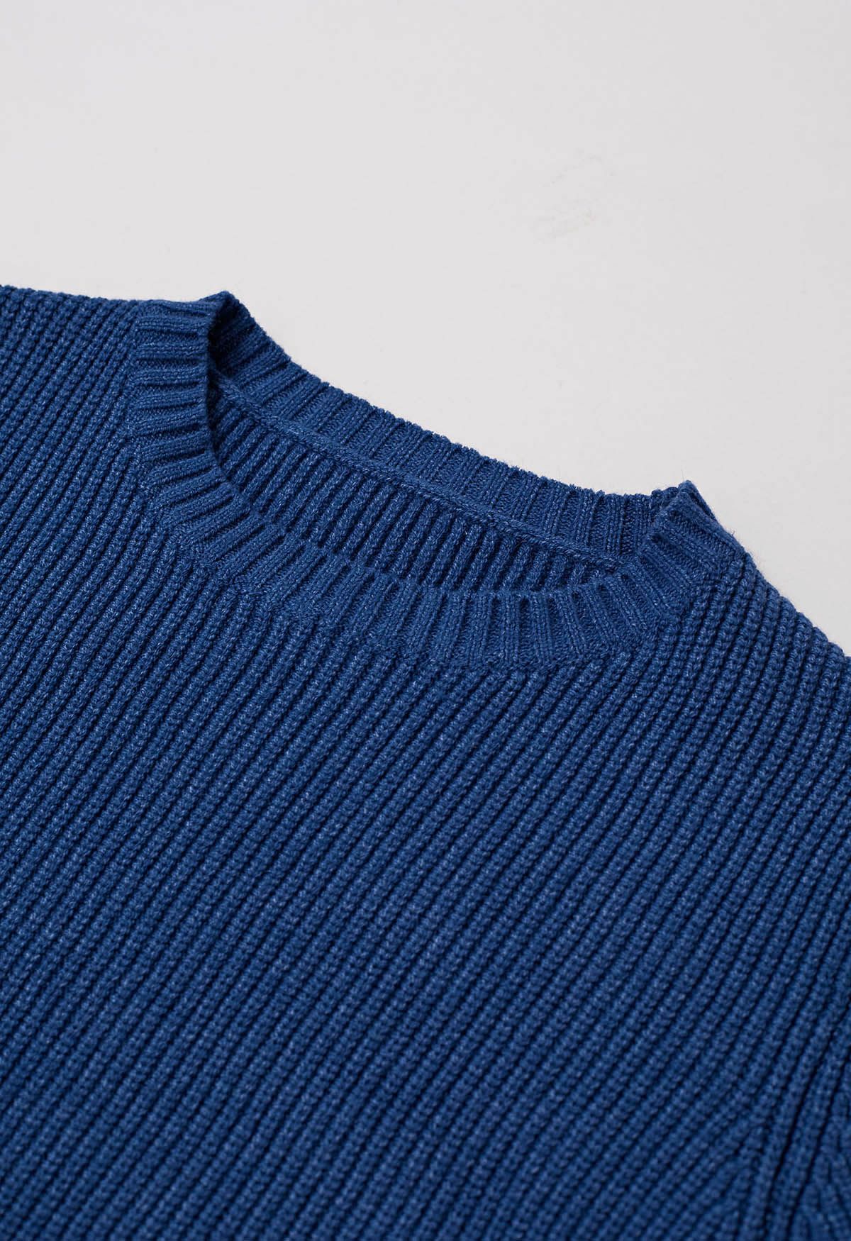 Tie-String Back Ribbed Knit Sweater in Navy