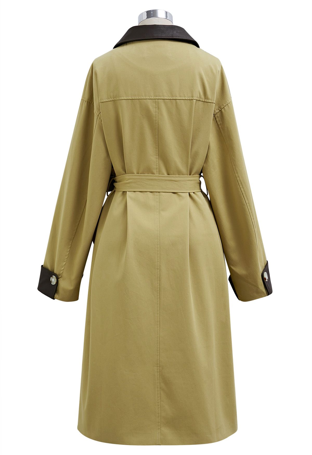 Contrast Faux Leather Trim Button Trench Coat in Mustard