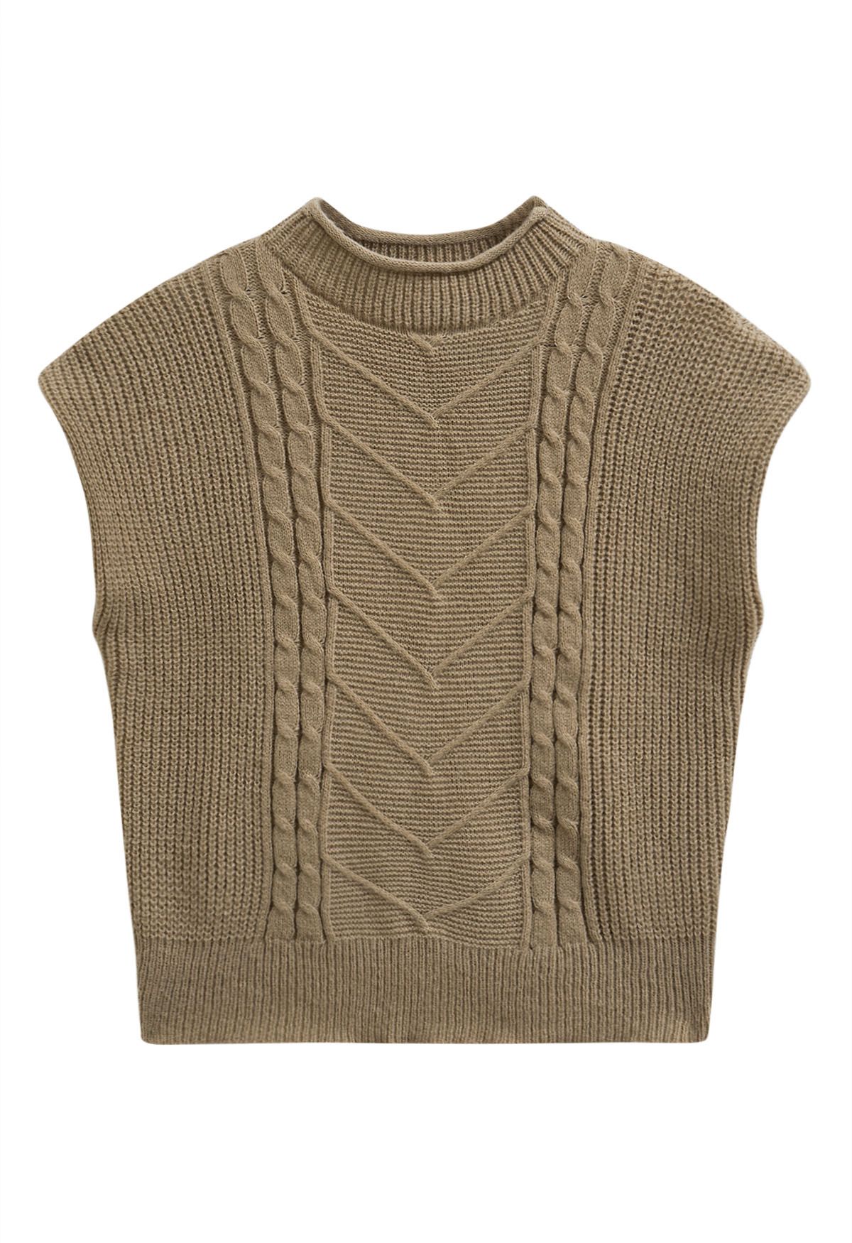 Mock Neck Padded Shoulder Cable Knit Top in Camel