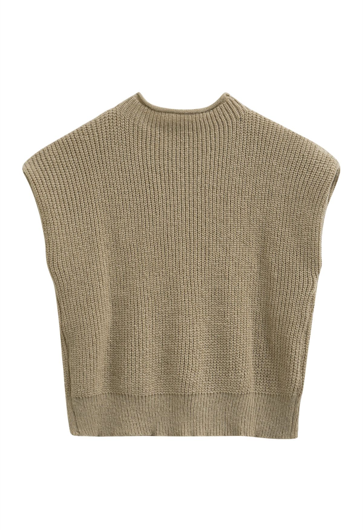 Mock Neck Padded Shoulder Cable Knit Top in Camel