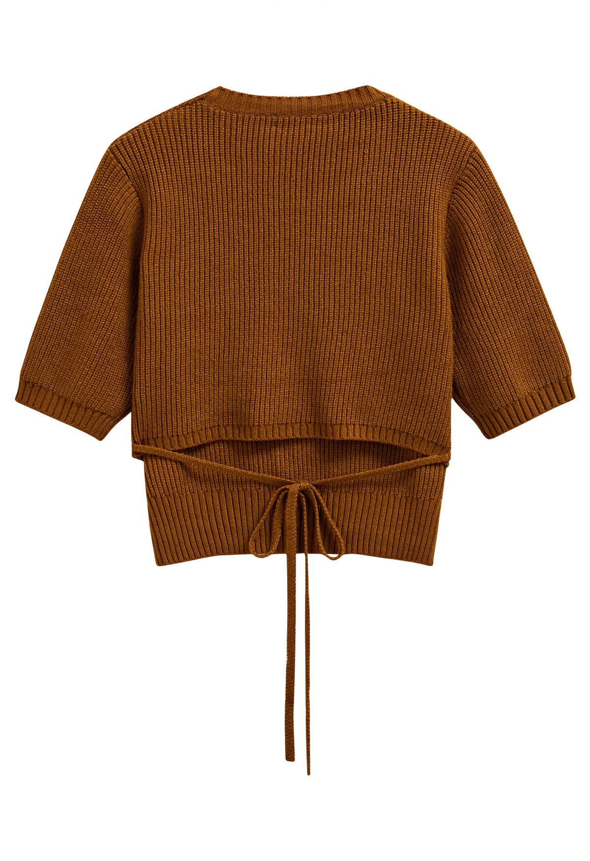 Tie-String Back Ribbed Knit Sweater in Pumpkin