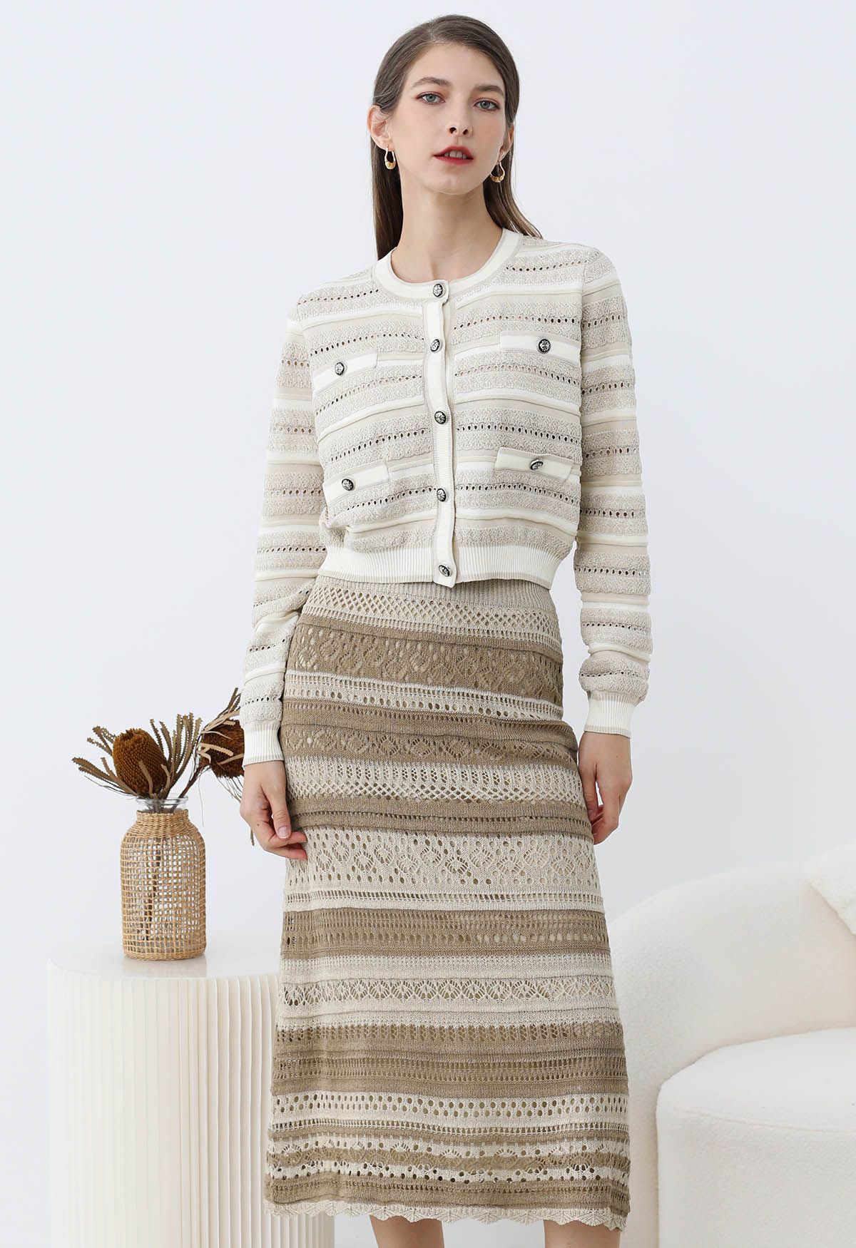 Striped Pointelle Lace Knit Midi Skirt in Oatmeal