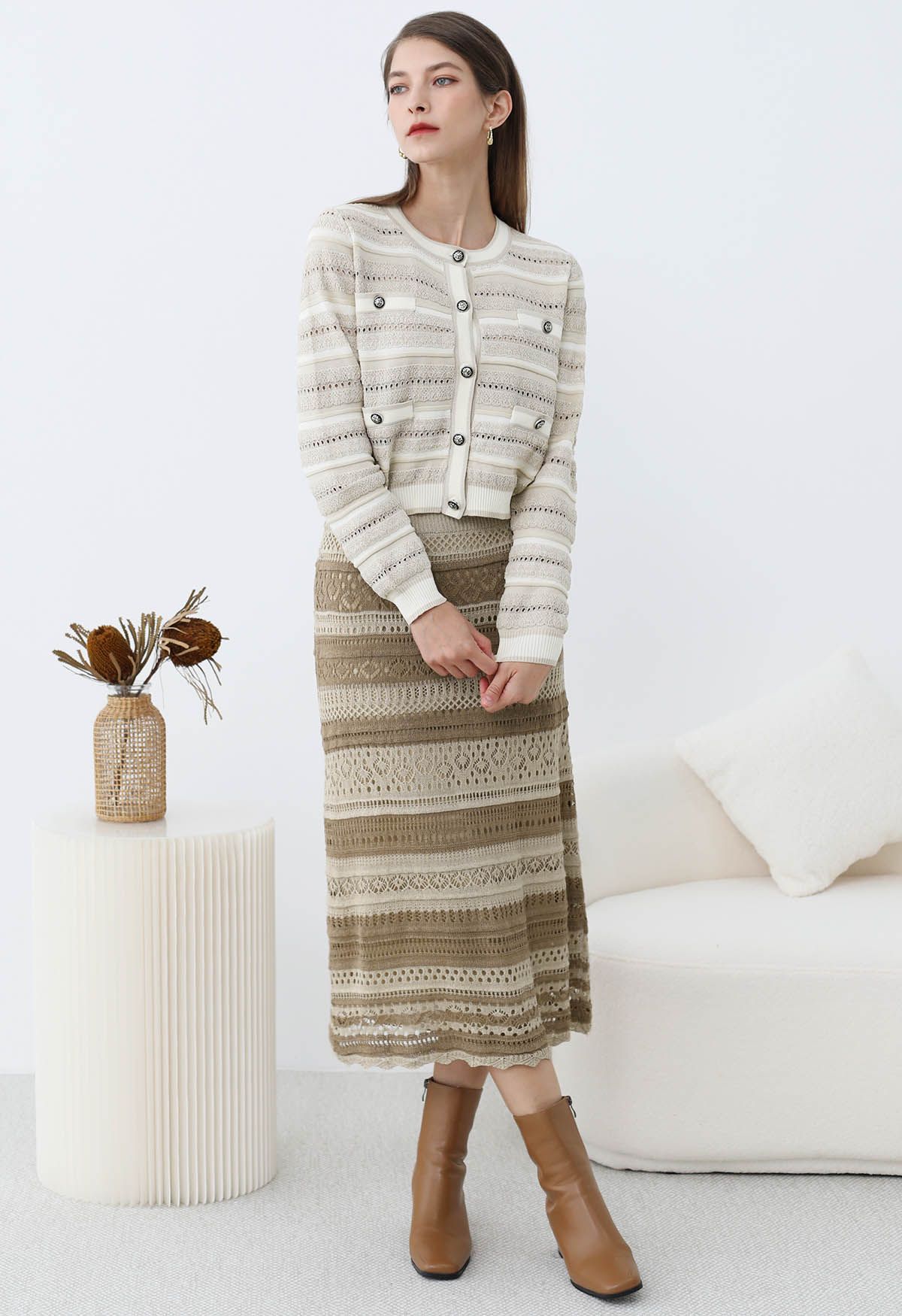 Striped Pointelle Lace Knit Midi Skirt in Oatmeal