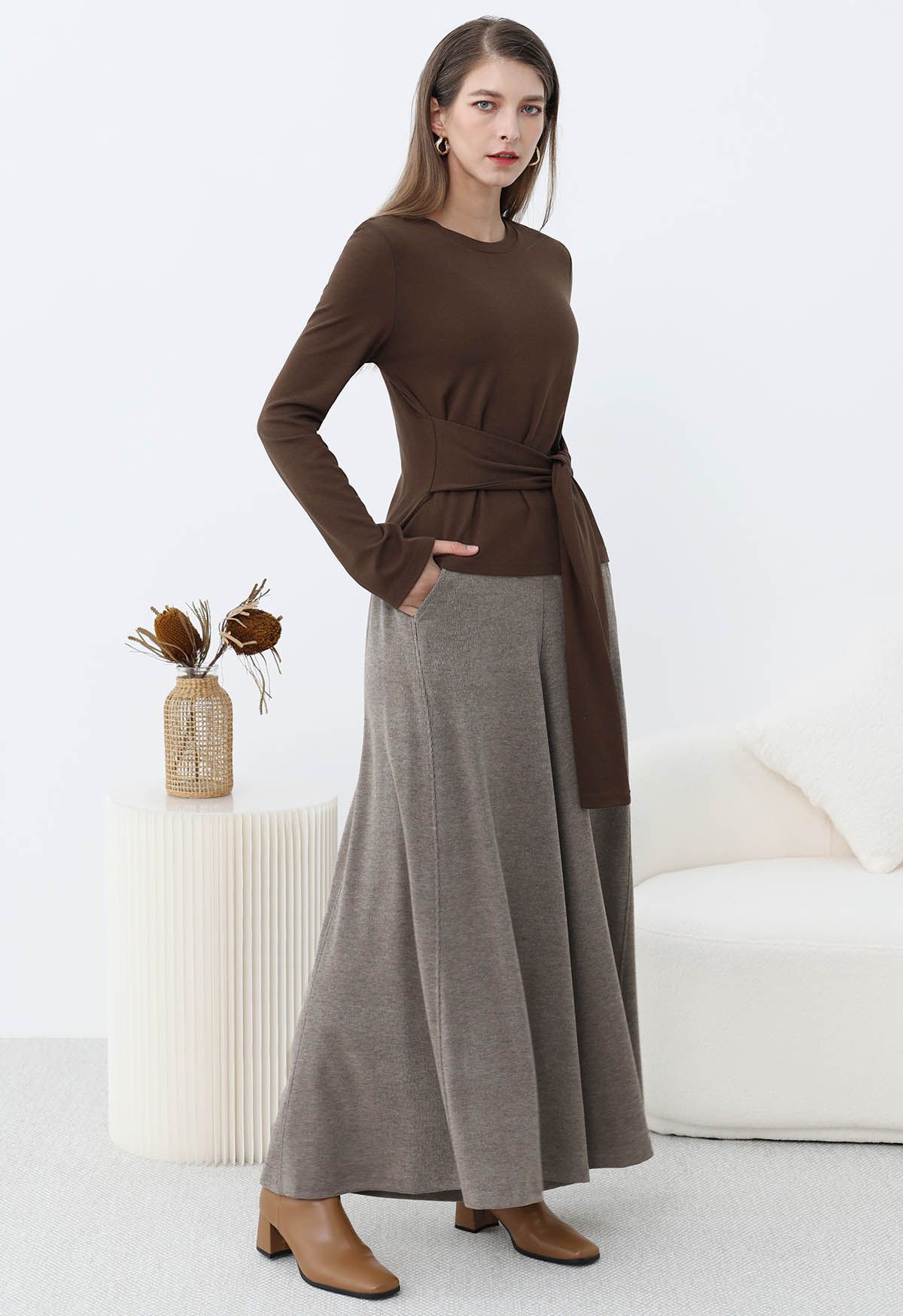 Embrace Softness Tie-Waist Cotton Top in Brown