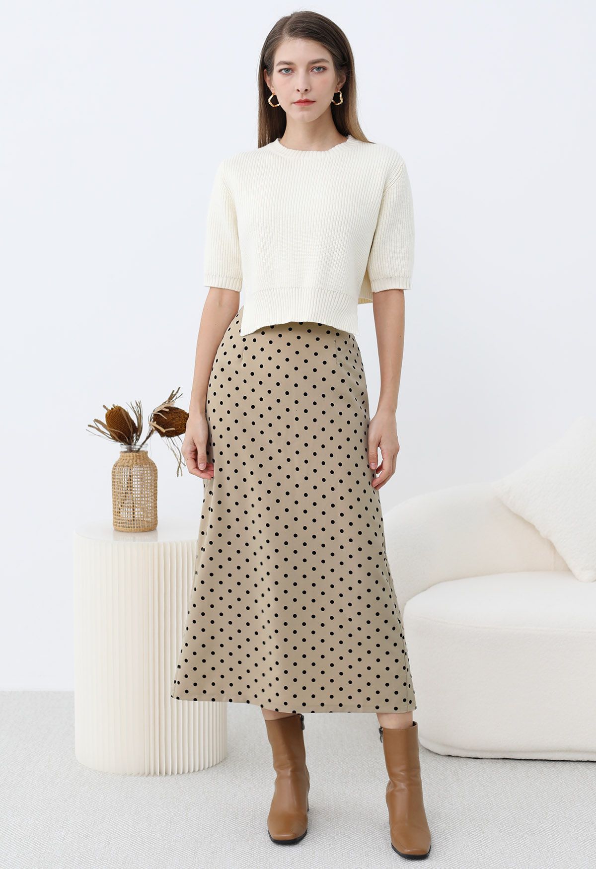 Velvet Polka Dot Back Slit Midi Skirt in Sand