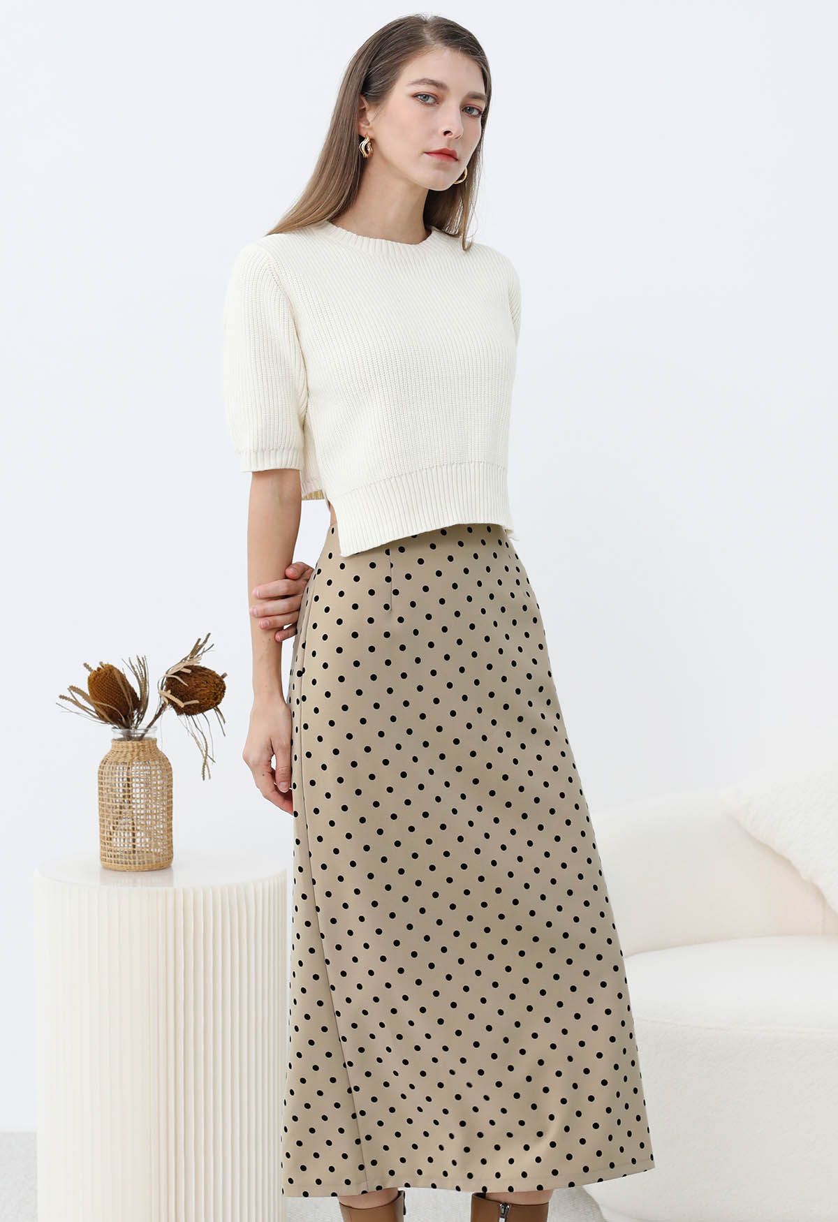 Velvet Polka Dot Back Slit Midi Skirt in Sand