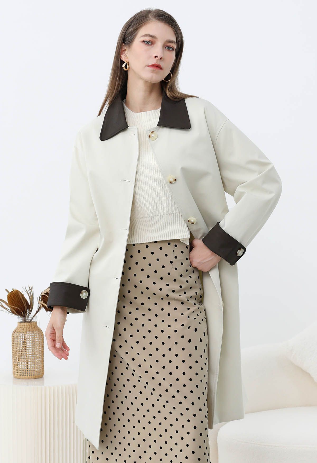 Contrast Faux Leather Trim Button Trench Coat in Ivory